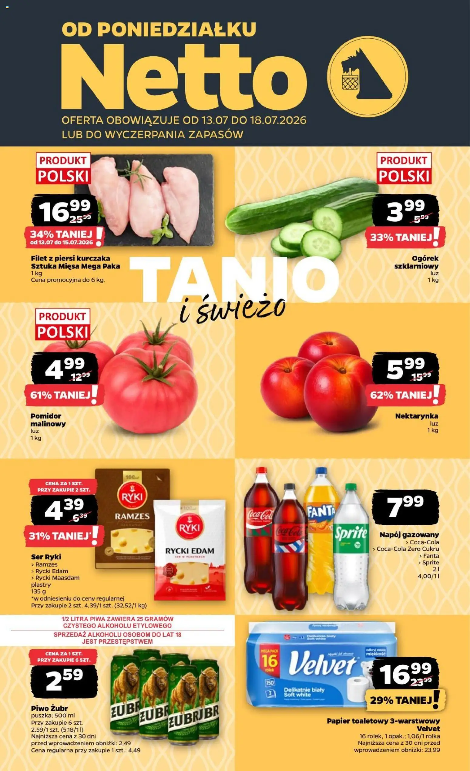 Netto gazetka od poniedziałku od 13.07.2026 | Strona: 1 | Produkty: Piersi, Papier toaletowy, Filet z piersi kurczaka, Ogórek szklarniowy