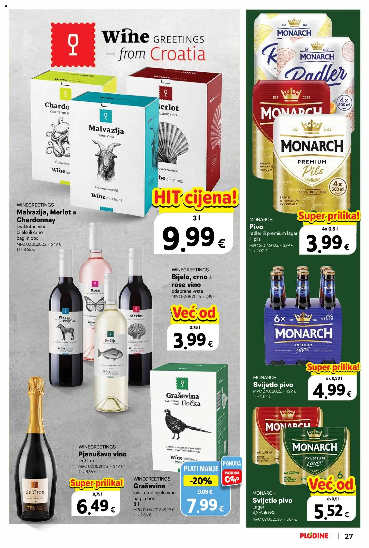 Plodine katalog | vrijedi od 22.10.2026 | Stranica: 27 | Proizvodi: Radler, Svijetlo pivo, Vino, Pjenušavo vino