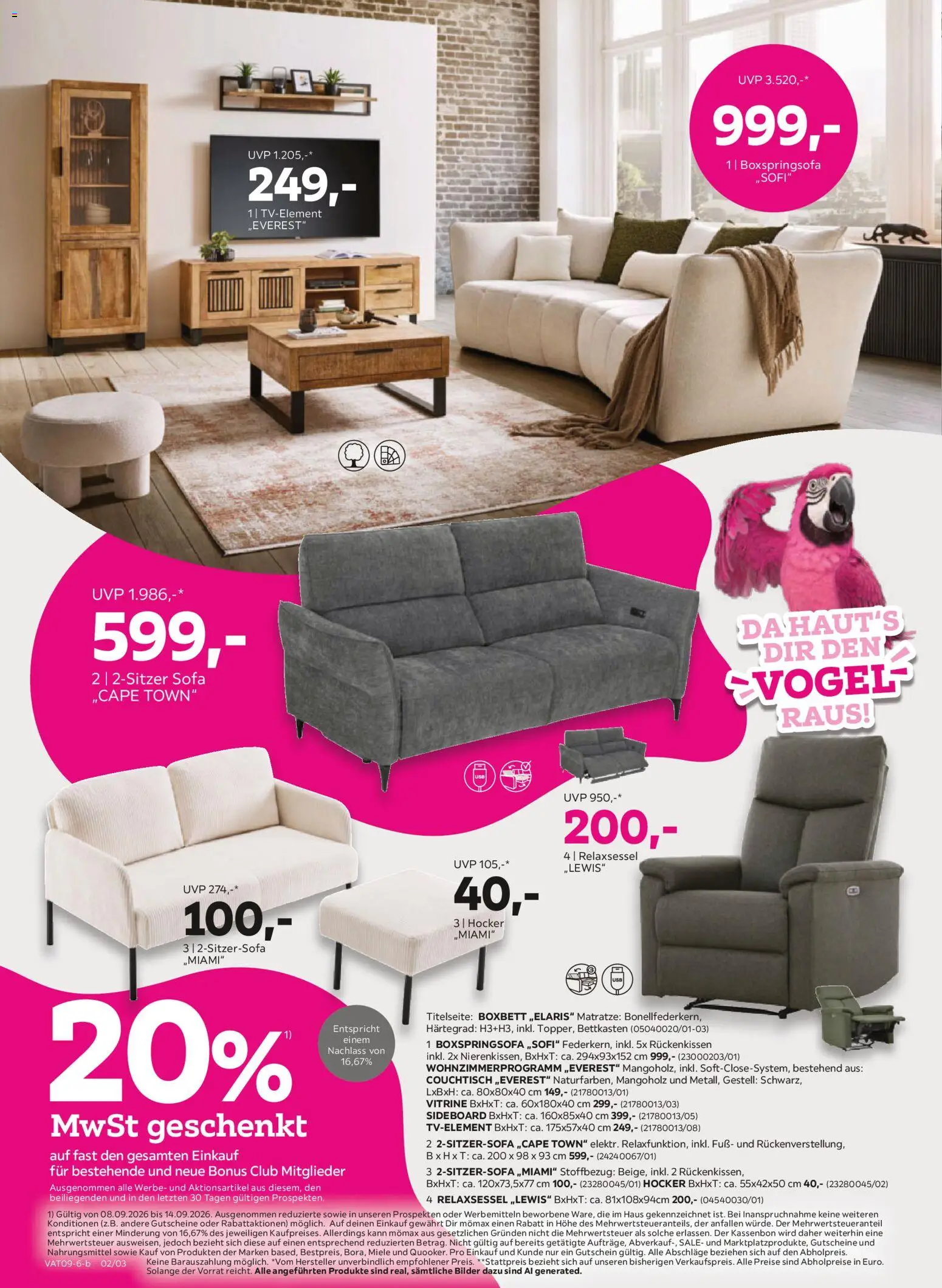 Mömax Prospekt aktuell gültig ab 08.09.2026 | Seite: 2 | Produkte: Matratze, Sofa, Couchtisch