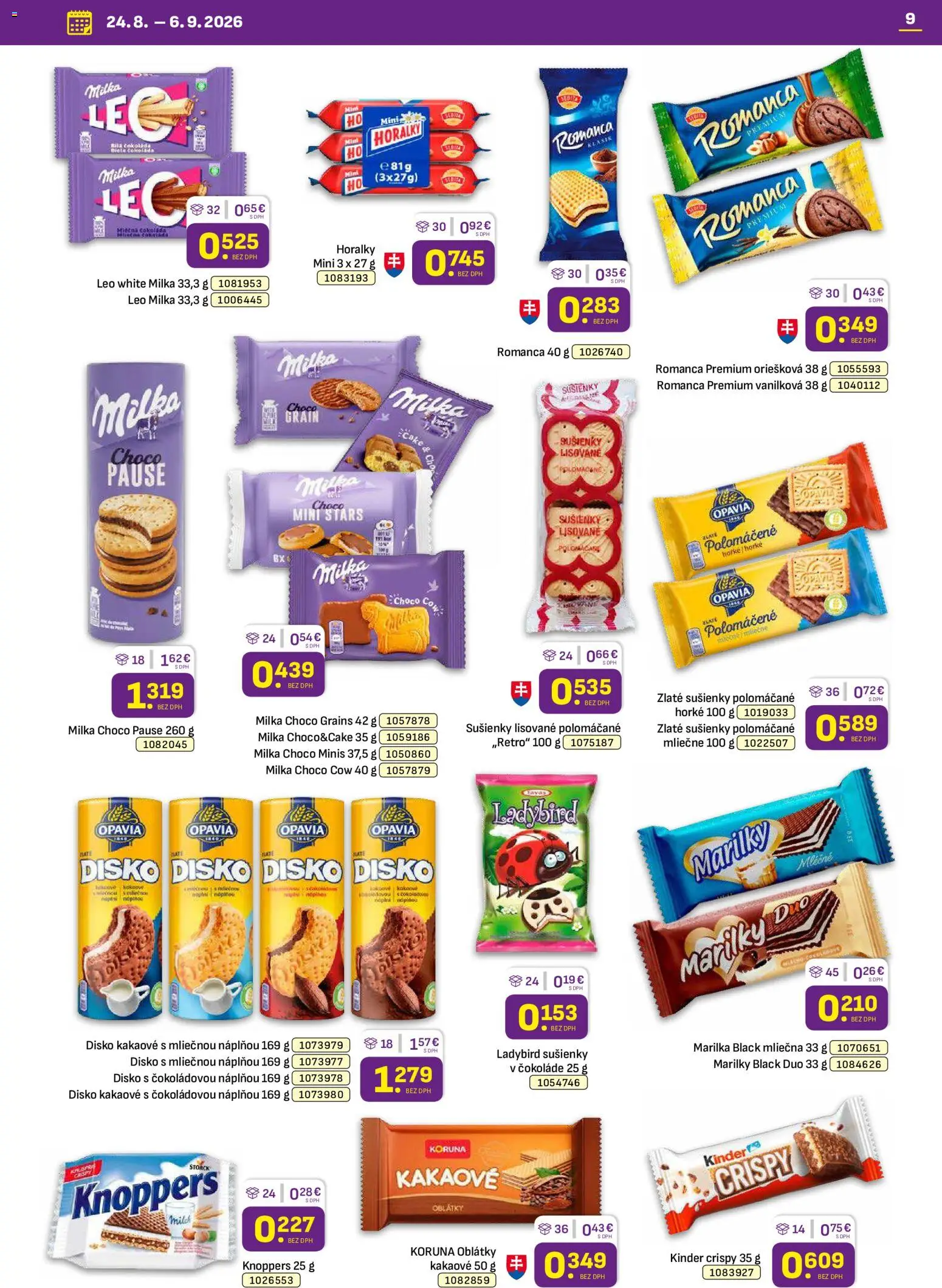 Nové Libex akcie – leták je platný od 24.08.2026 | Strana: 9 | Produkty: Sušienky, Kinder, Milka, Horálky