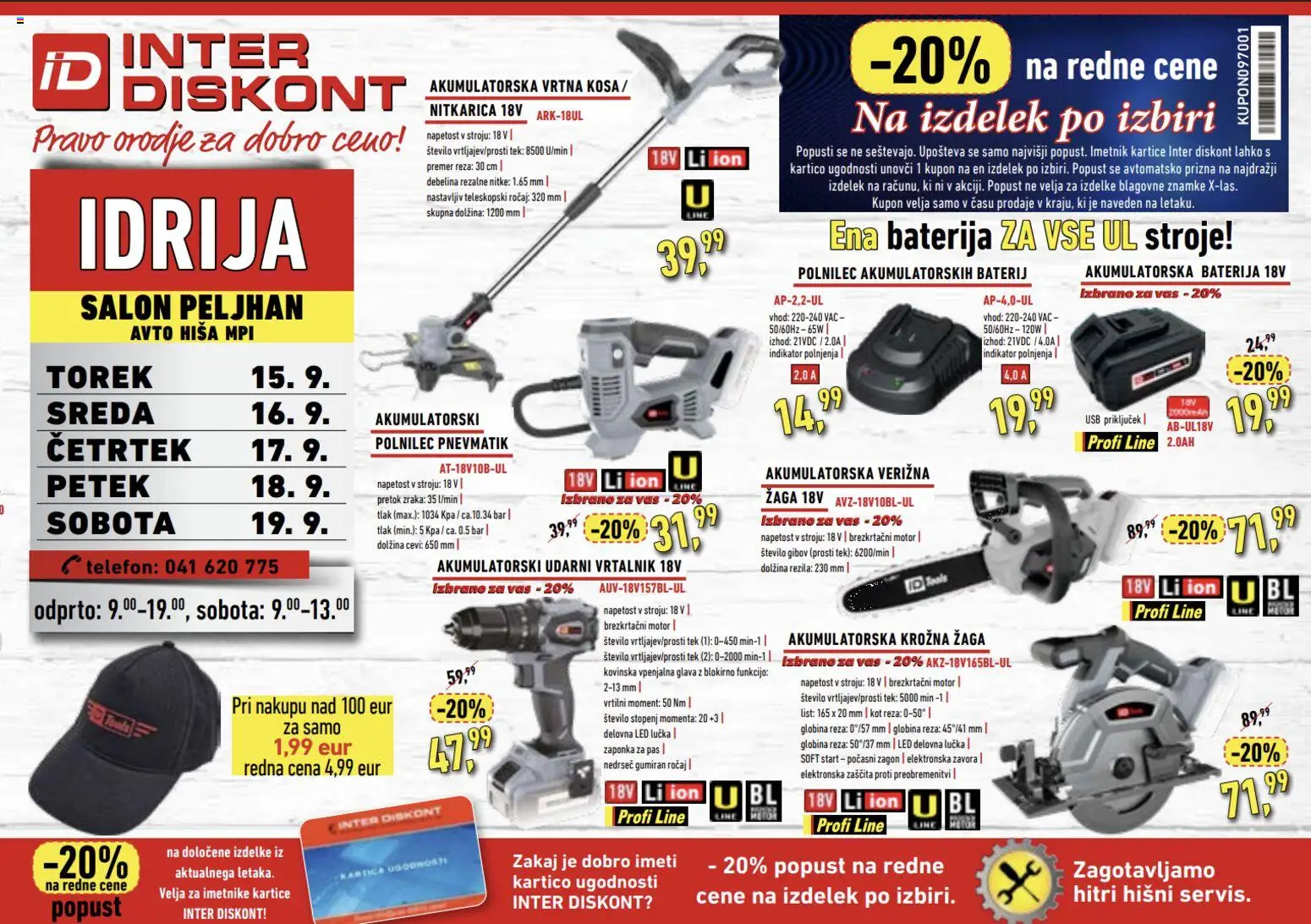 Novi Inter Diskont katalog ponudbe – veljaven od 15.09.2026 | Stran: 1 | Izdelki: Baterija, Usb, Vrtalnik, Krožna žaga