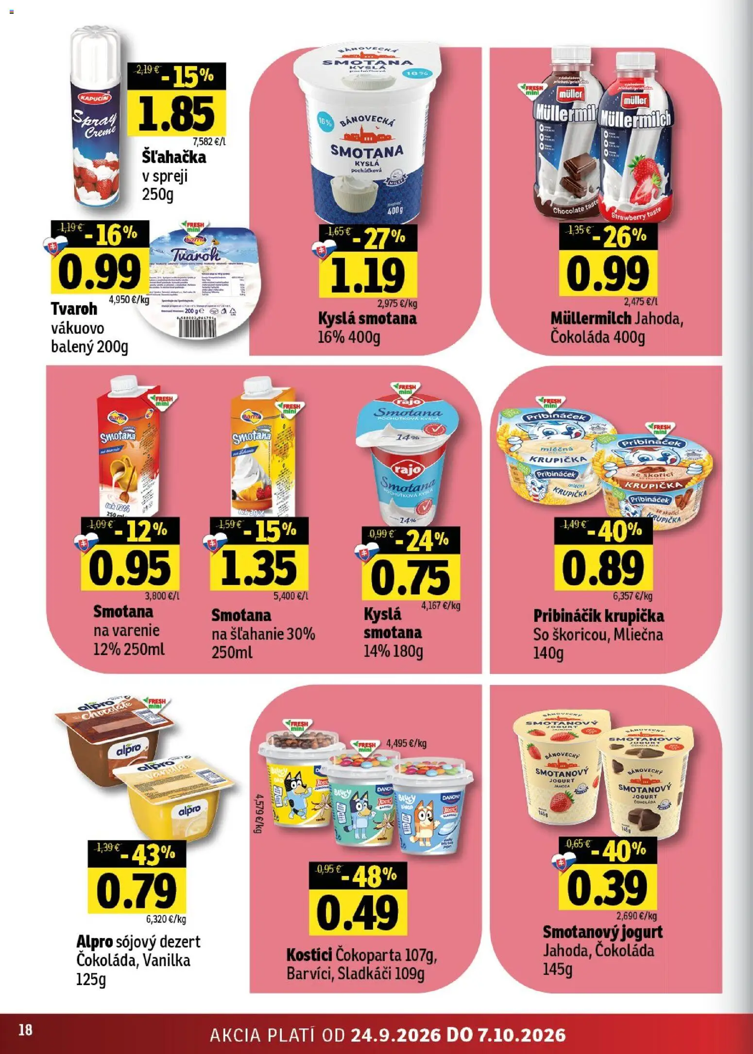 Nové Fresh akcie – leták je platný od 24.09.2026 | Strana: 18 | Produkty: Pribináčik, Čokoláda, Smotanový jogurt, Dezert