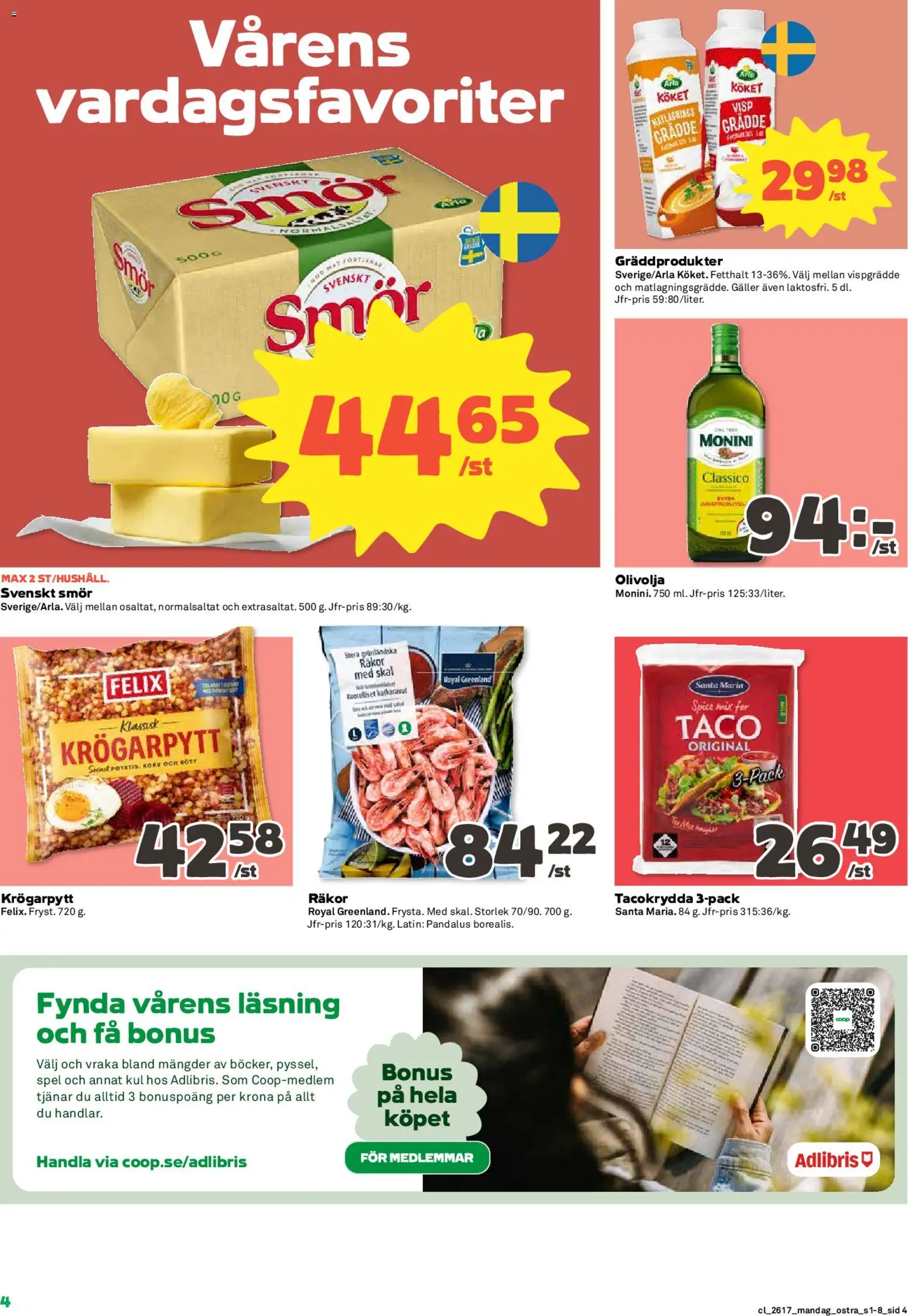 Coop reklamblad aktuell från 20.04.2026 | Sida: 4 | Produkter: Räkor, Tacokrydda, Spel, Grädde