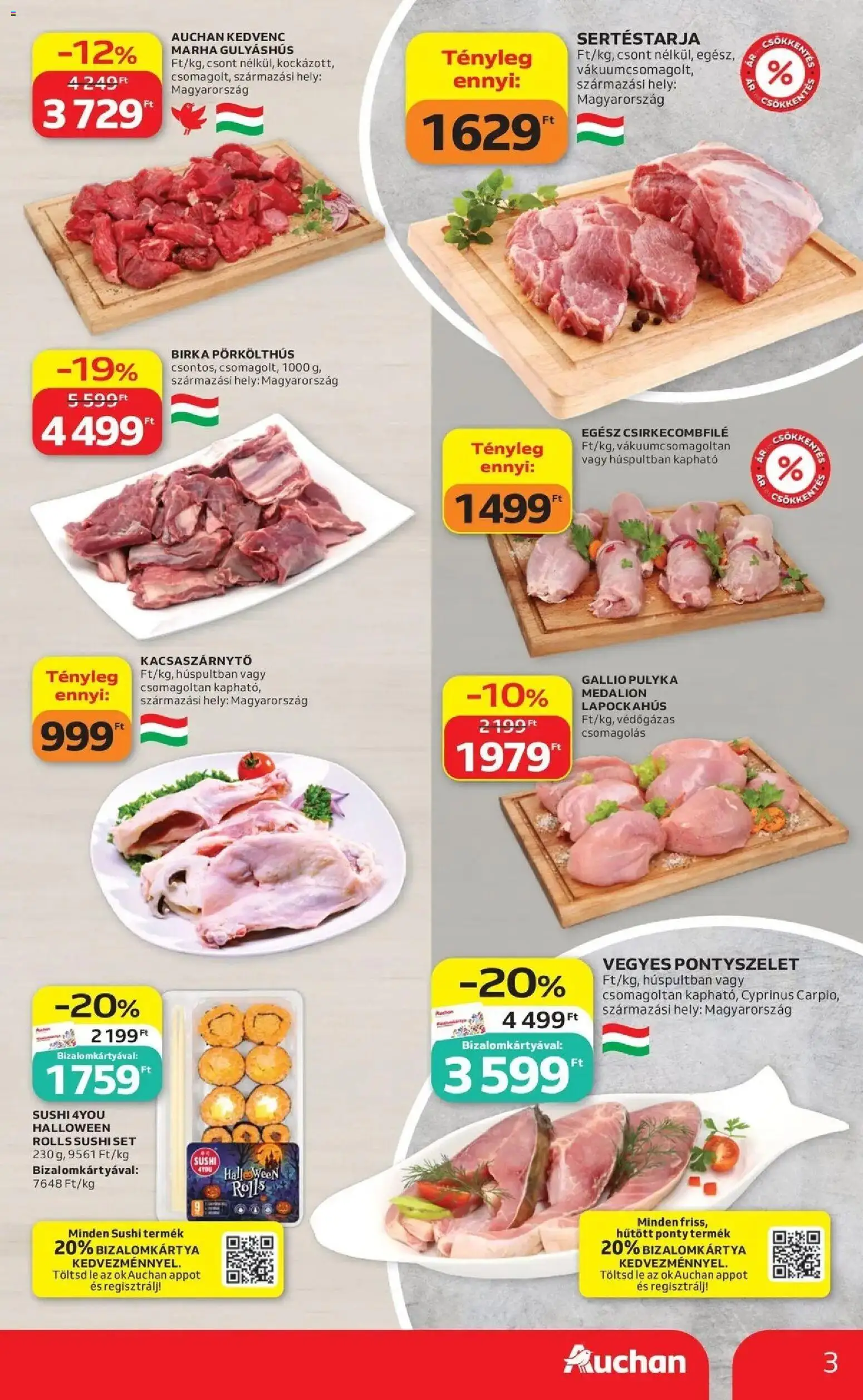 Auchan akciós újság Kecskemét - 2026.10.29. -tól/töl > akció, lapozható szórólap 🛍️ | Oldal: 3 | Termékek: Ponty, Lé, Csirkecombfile, Gulyáshús