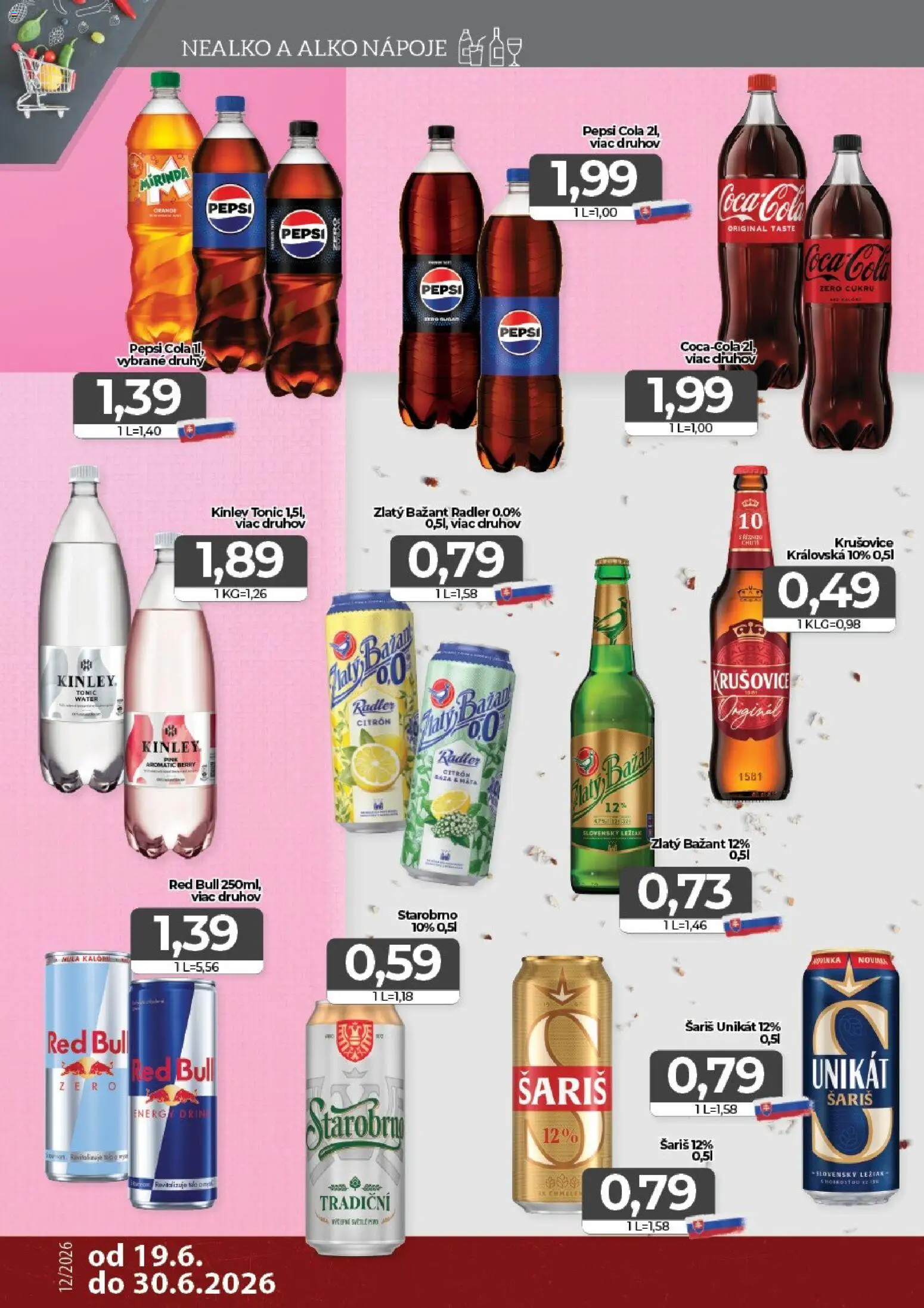 Nové CBA Komfos akcie – leták je platný od 19.06.2026 | Strana: 12 | Produkty: Red Bull, Pepsi, Mirinda, Cola