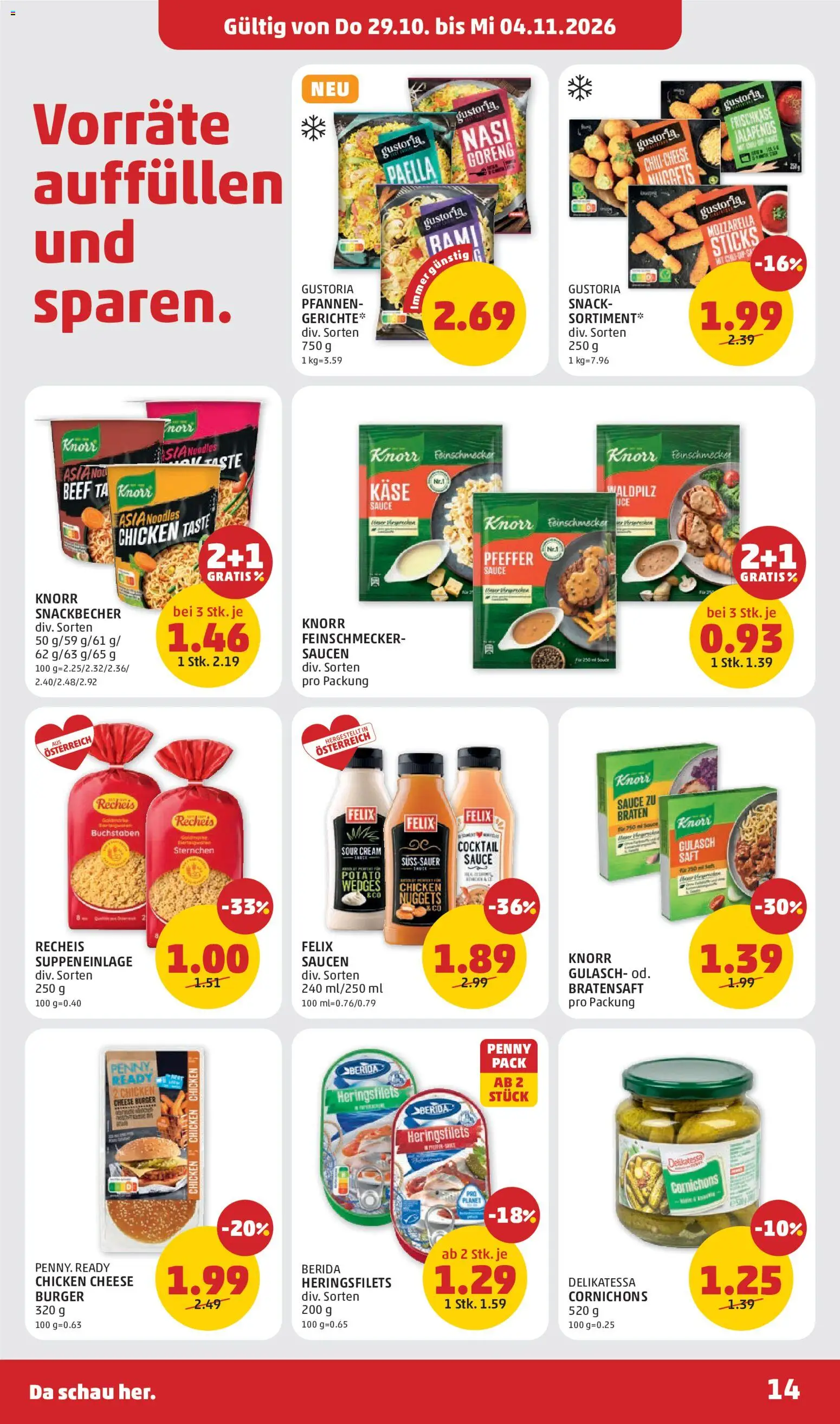 Penny Markt Flugblatt gültig ab 29.10.2026 | Seite: 14 | Produkte: Burger, Pfeffer, Käse, Saft