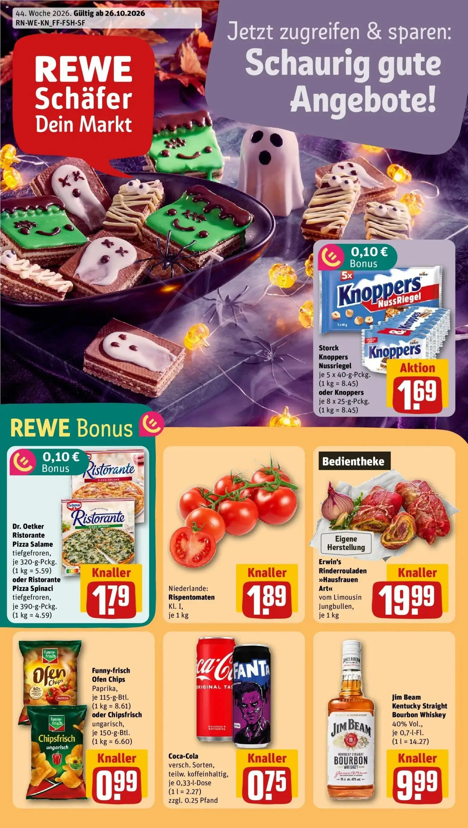 REWE Prospekt ab 26.10.2026 zum Blättern » Angebote | Seite: 1 | Produkte: Jim beam, Pizza, Bourbon, Chips