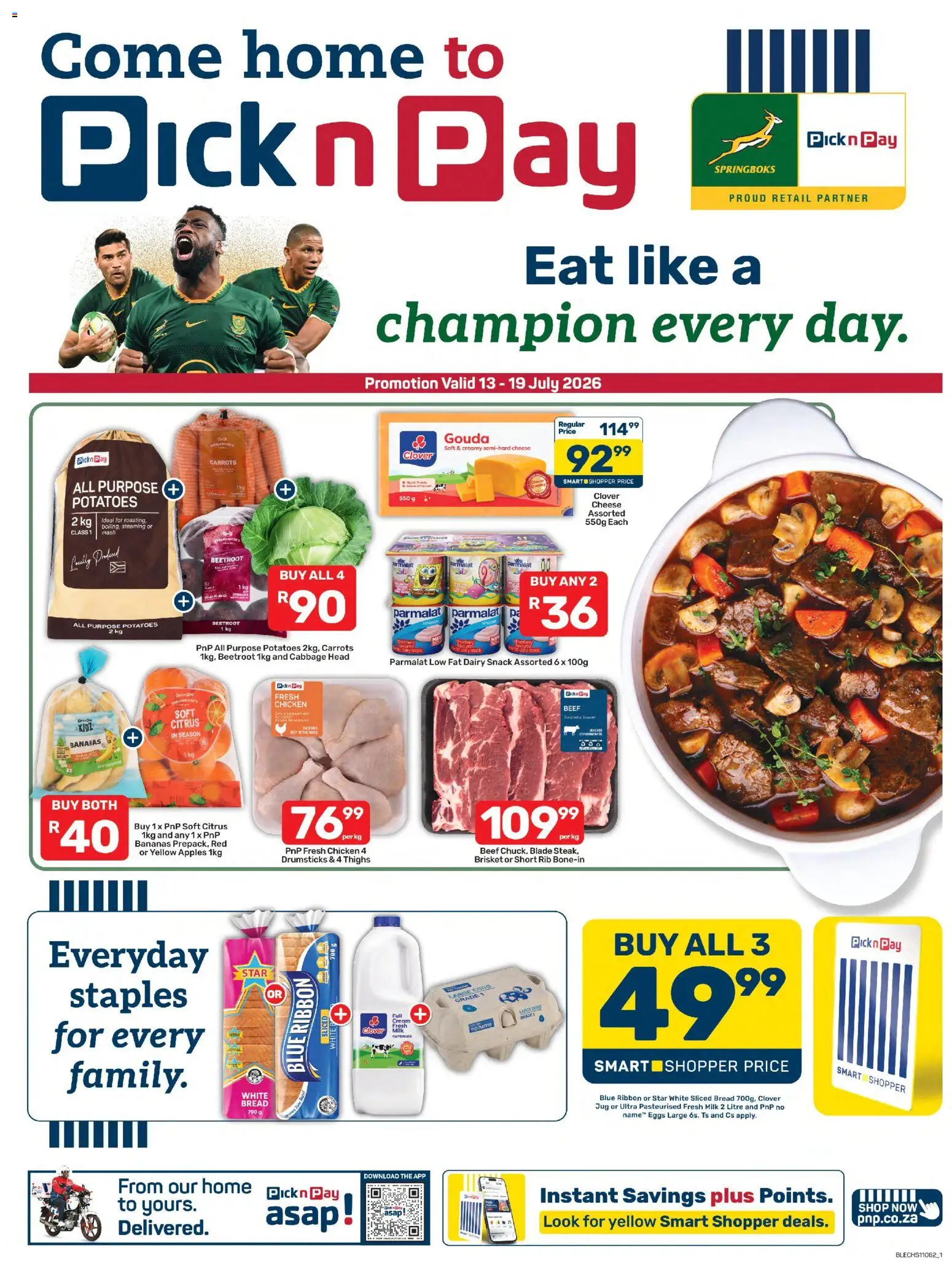 New Pick n Pay catalogue – valid from 13/07/2026 | Page: 1 | Products: Milk, Eggs, Bread, Apples