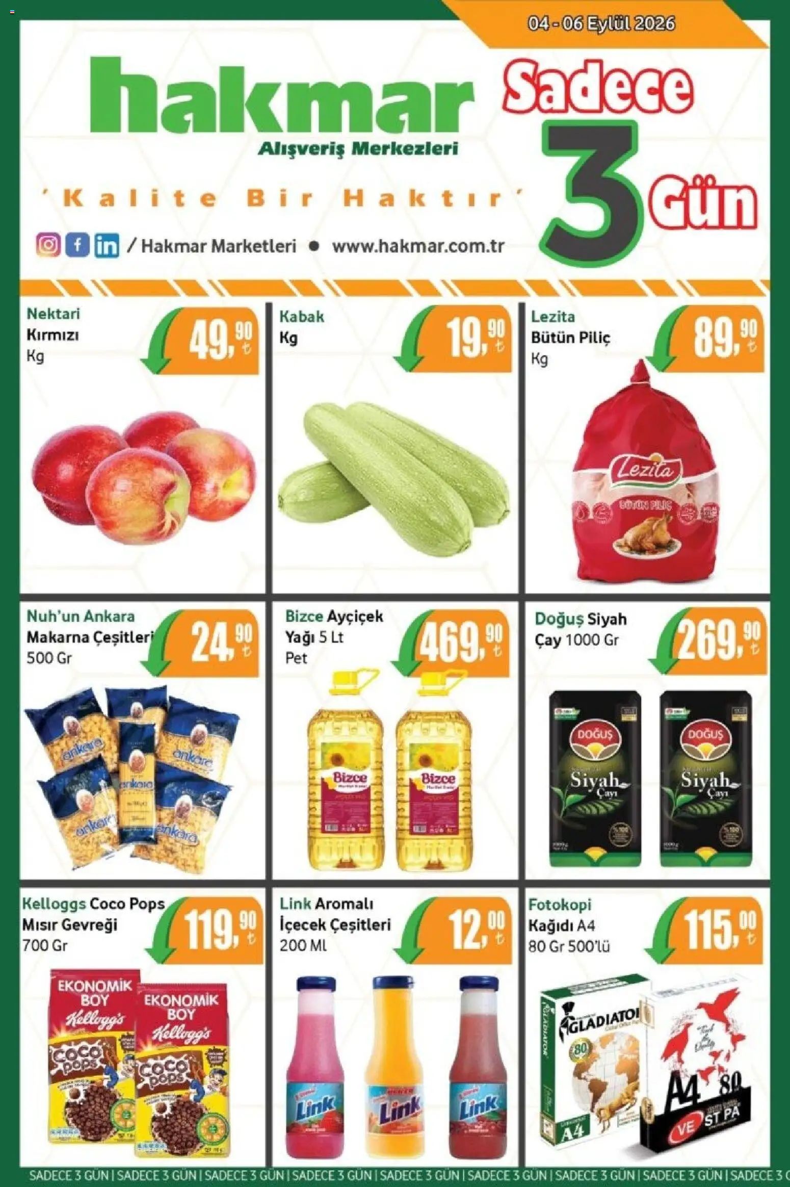 Hakmar - Katalog Sadece 3 Gün - 04 Eylül 2026 tarihinden itibaren geçerlidir | Sayfa: 1 | Ürünler: Kabak, Çay, Makarna, Mısır gevreği