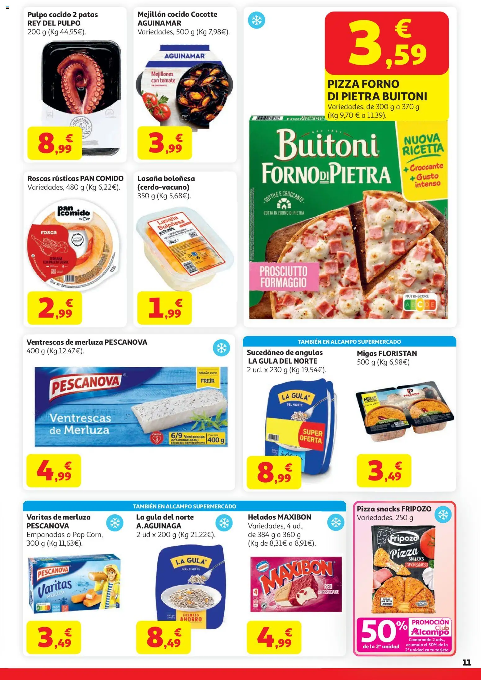 Alcampo HP Unico │ válido desde el 07.04.2026 | Página: 11 | Productos: Queso, Pan, Pizza, Lasaña