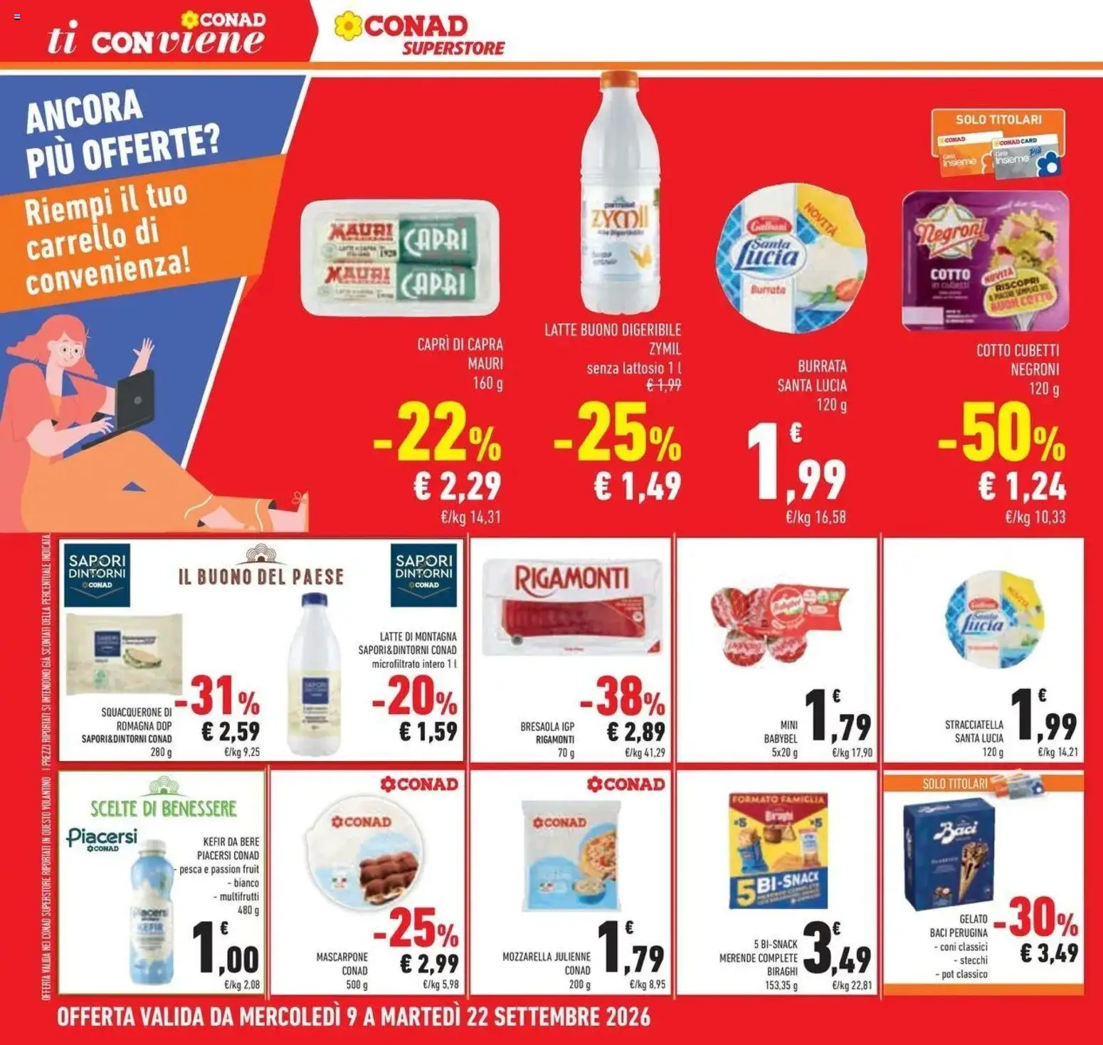 Volantino Conad dal 09/09/2026 > Anteprima | Pagina: 22 | Prodotti: Bresaola, Carrello, Mozzarella julienne, Burrata
