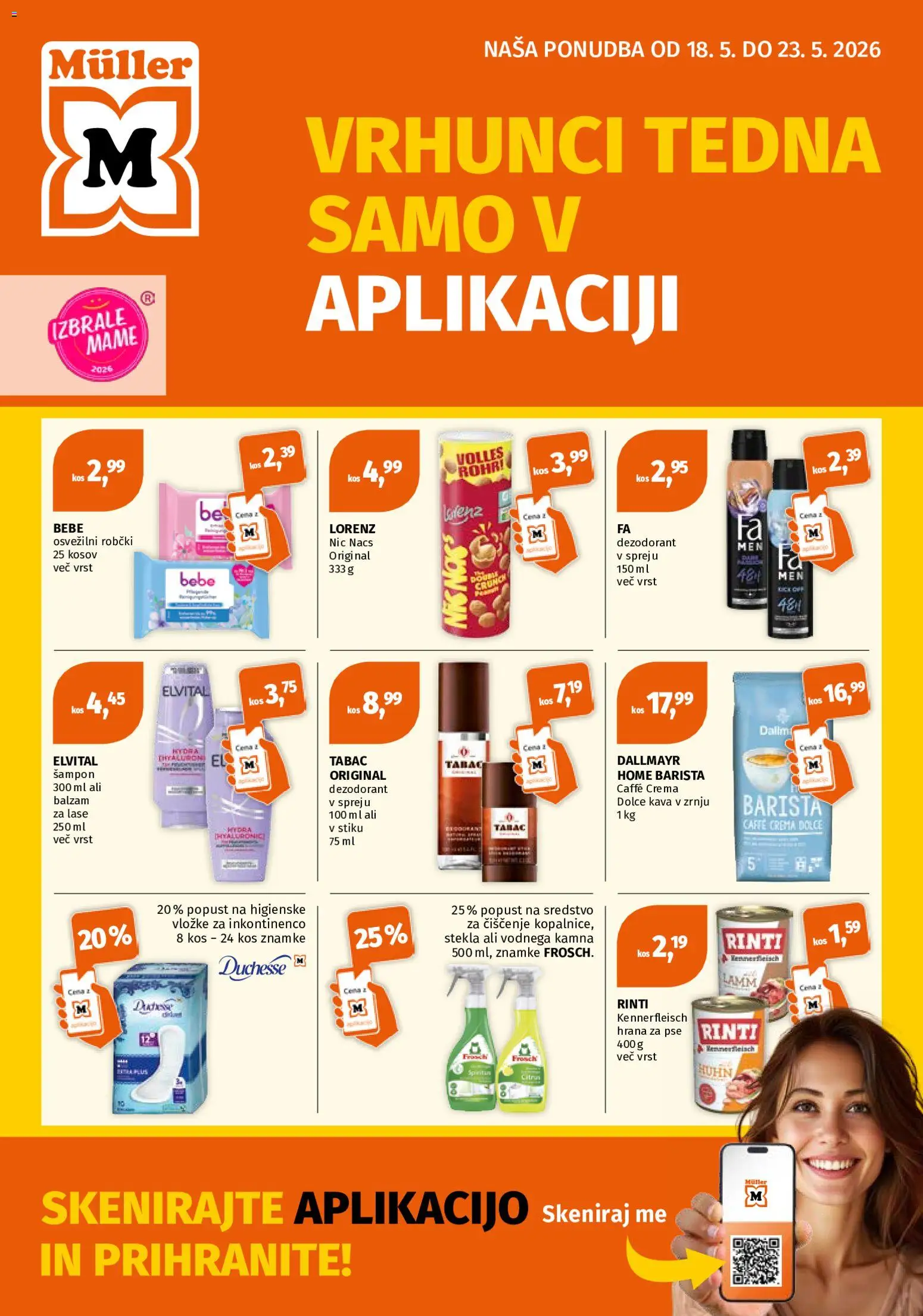 Novi Müller katalog ponudbe – veljaven od 18.05.2026 | Stran: 1 | Izdelki: Hrana za pse, Kos, Sampon, Kava