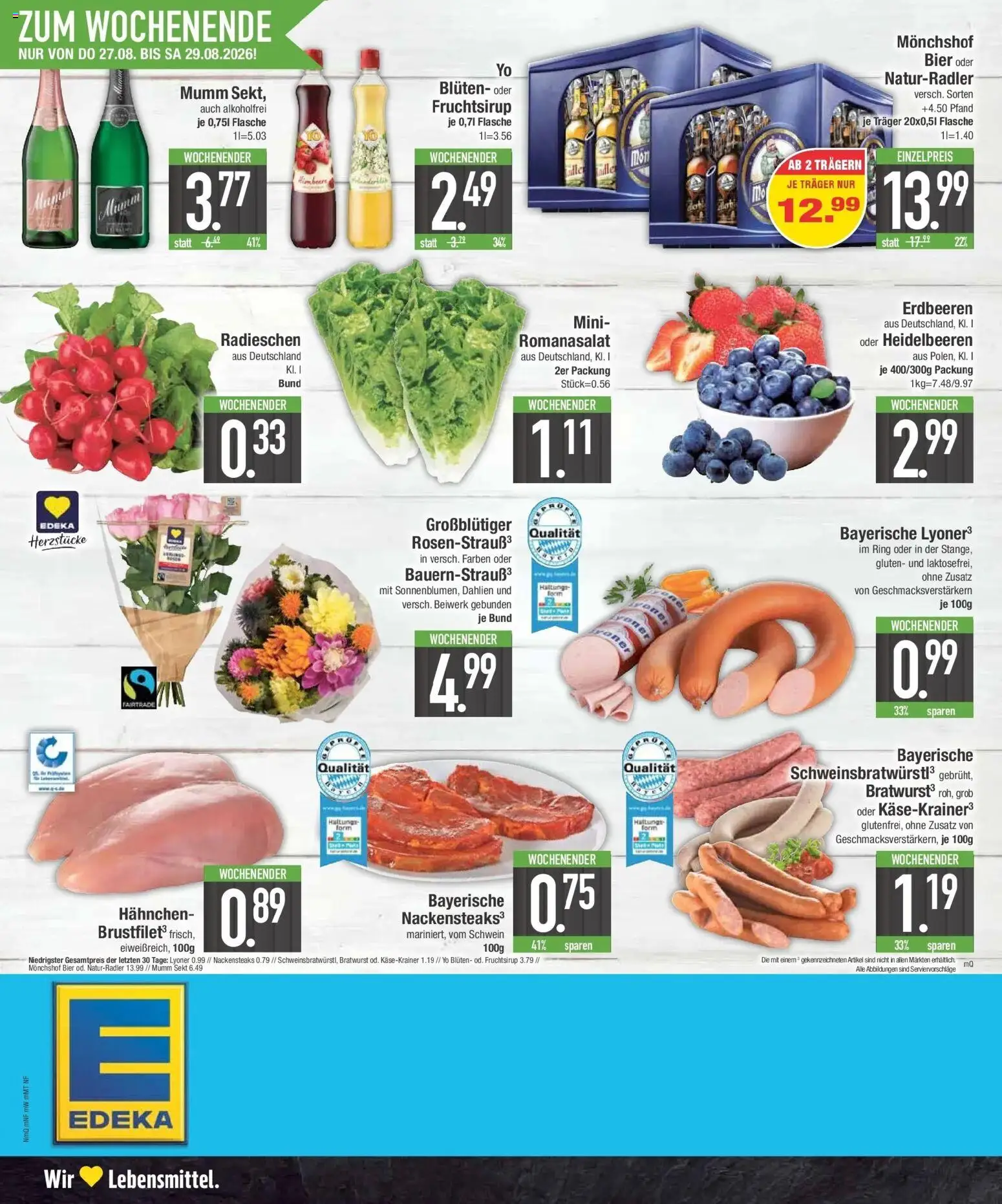 E center Prospekt München (ab 24.08.2026) zum Blättern | Seite: 22 | Produkte: Nackensteaks, Mumm sekt, Hahnchen, Erdbeeren