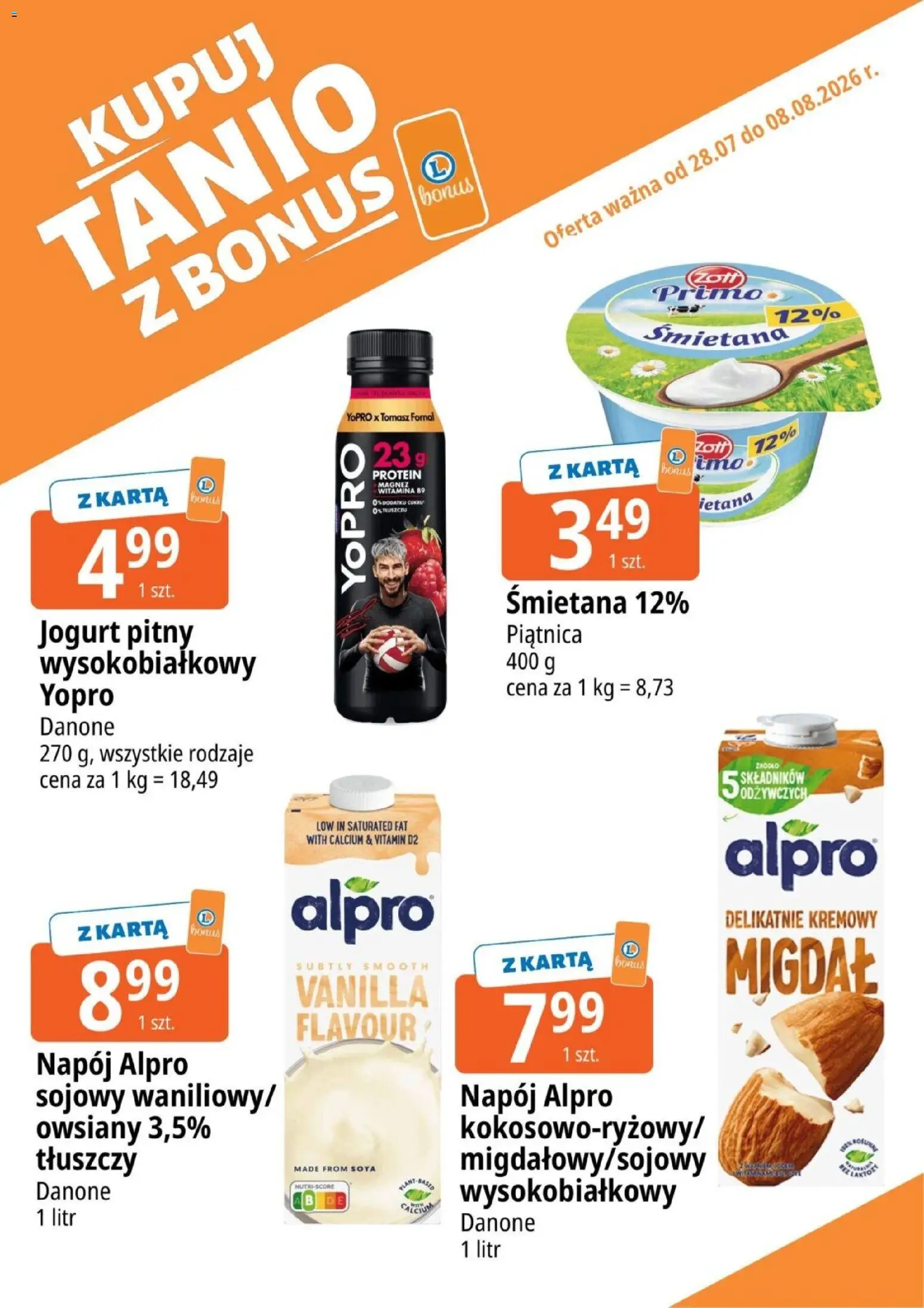 E.Leclerc gazetka - Kupuj Tanio Z Bonus od 28.07.2026 | Strona: 8 | Produkty: Karta, Alpro, Jogurt pitny, Śmietana