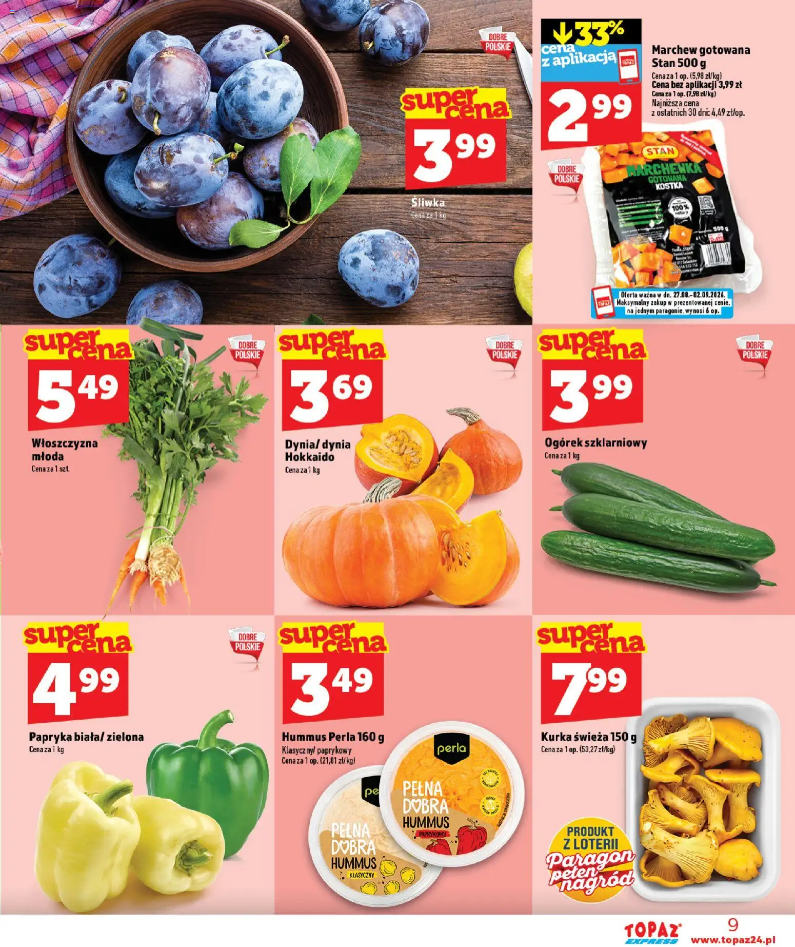Topaz gazetka - Express od 27.08.2026 | Strona: 9 | Produkty: Dynia, Włoszczyzna, Marchew, Hummus
