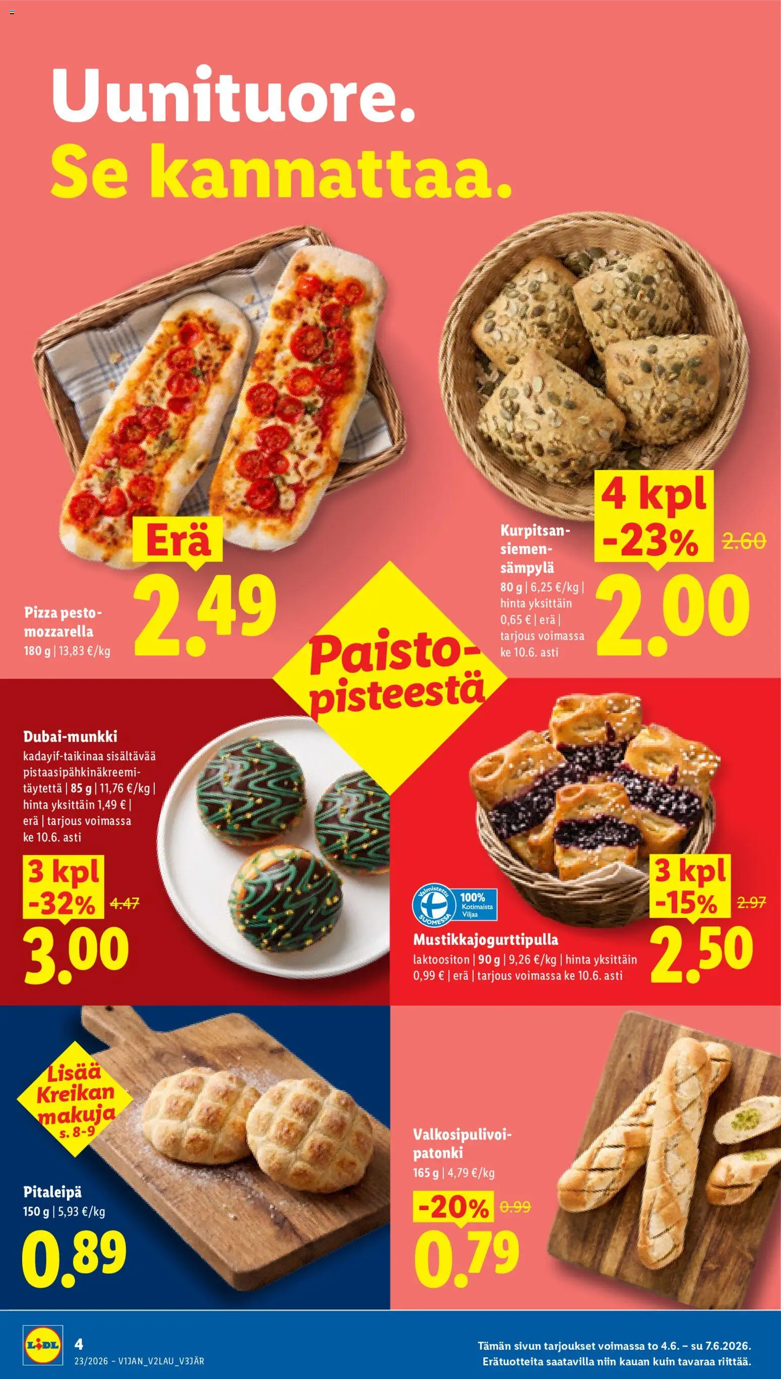 Lidl tarjoukset – voimassa 04.06.2026 alkaen | Sivu: 4 | Tuotteet: Mozzarella, Patonki, Pesto, Pizza