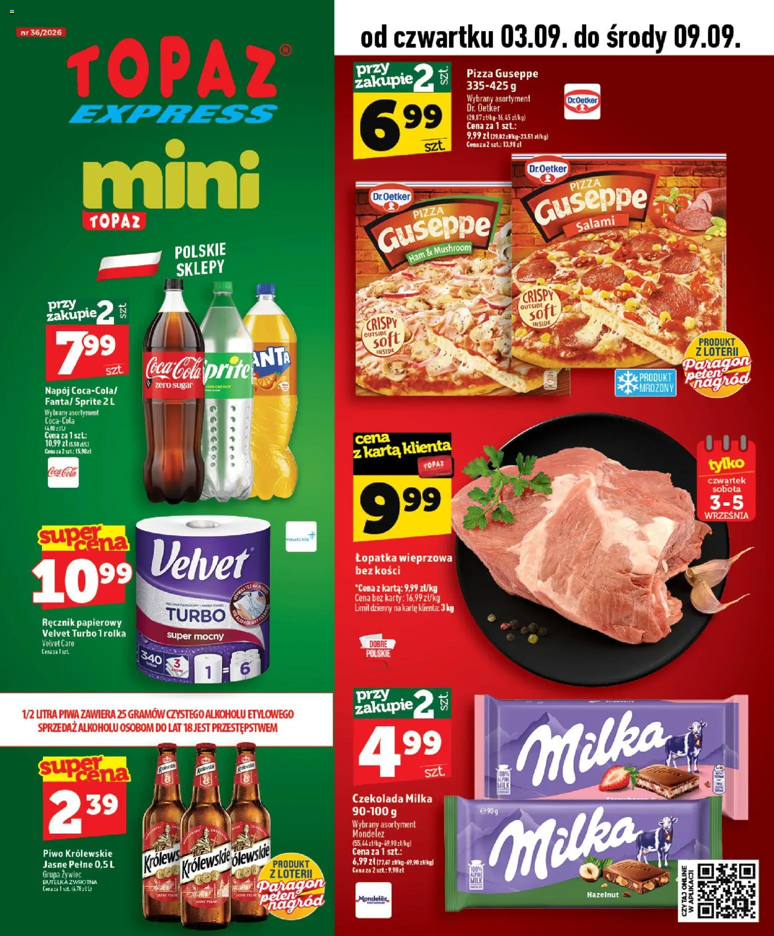 Topaz gazetka - Express od 03.09.2026 | Strona: 1 | Produkty: Karta, Łopatka wieprzowa bez kości, Pizza guseppe, Czekolada