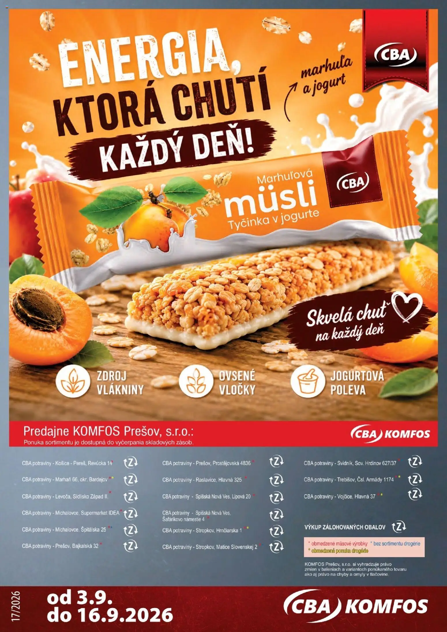 Nové CBA Komfos akcie – leták je platný od 03.09.2026 | Strana: 24 | Produkty: Jogurt, Müsli, Vločky
