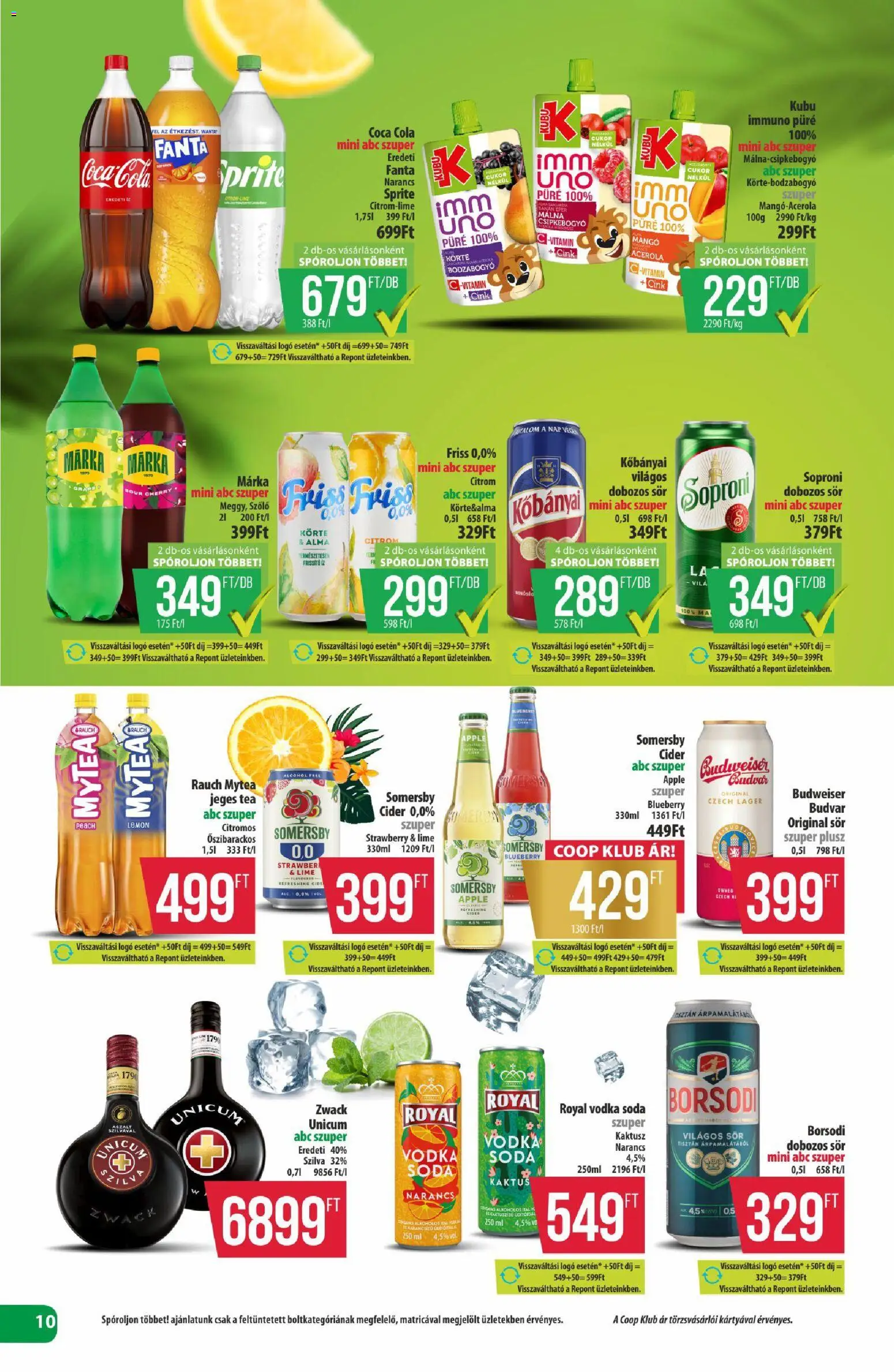 COOP akciós ujság - amely érvényes a következő dátumtól: 2026.08.13. | Oldal: 10 | Termékek: Unicum, Coca Cola, Dobozos sör, Alma
