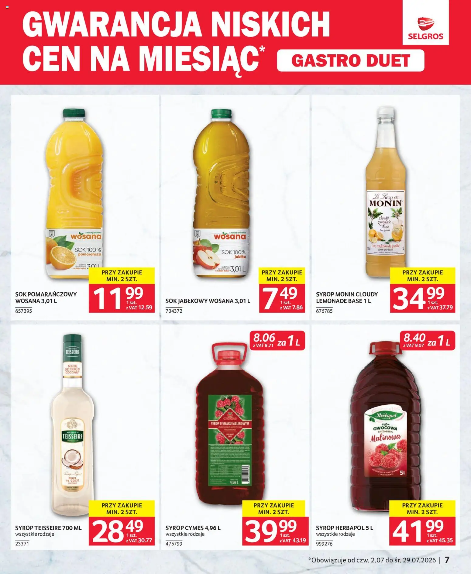 Selgros cash&carry gazetka - Duet od 02.07.2026 | Strona: 7 | Produkty: Syrop, Sok pomarańczowy, Sok jabłkowy, Sok