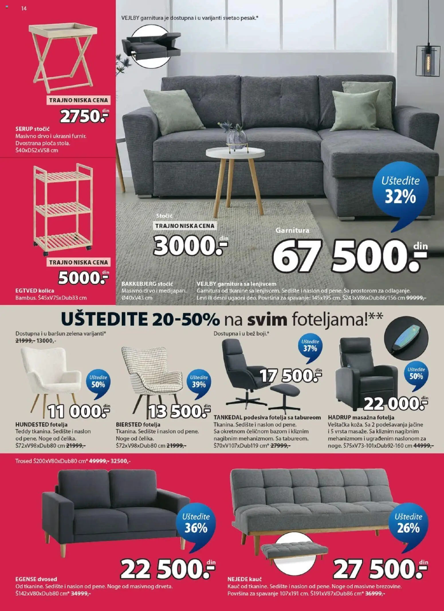 Jysk katalog - važi od 03.06.2026 | Strana: 14 | Proizvode: Masažna fotelja, Kolica, Trosed, Dvosed