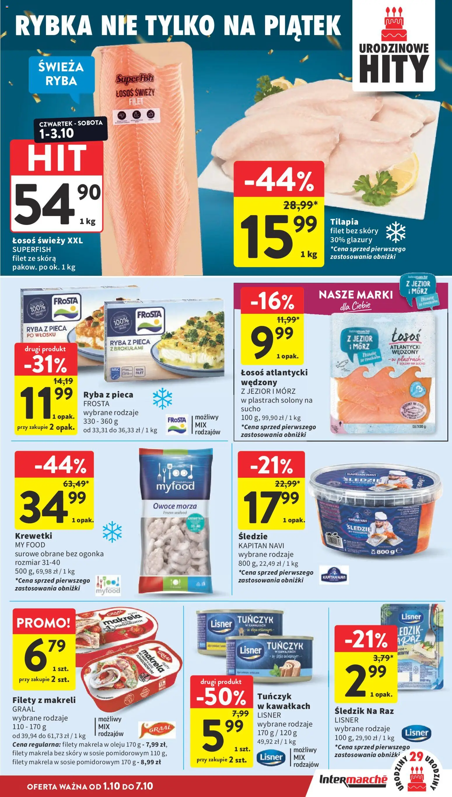 Intermarche gazetka od 01.10.2026 | Strona: 21 | Produkty: Tilapia, Łosoś, Owoce, Owoce morza
