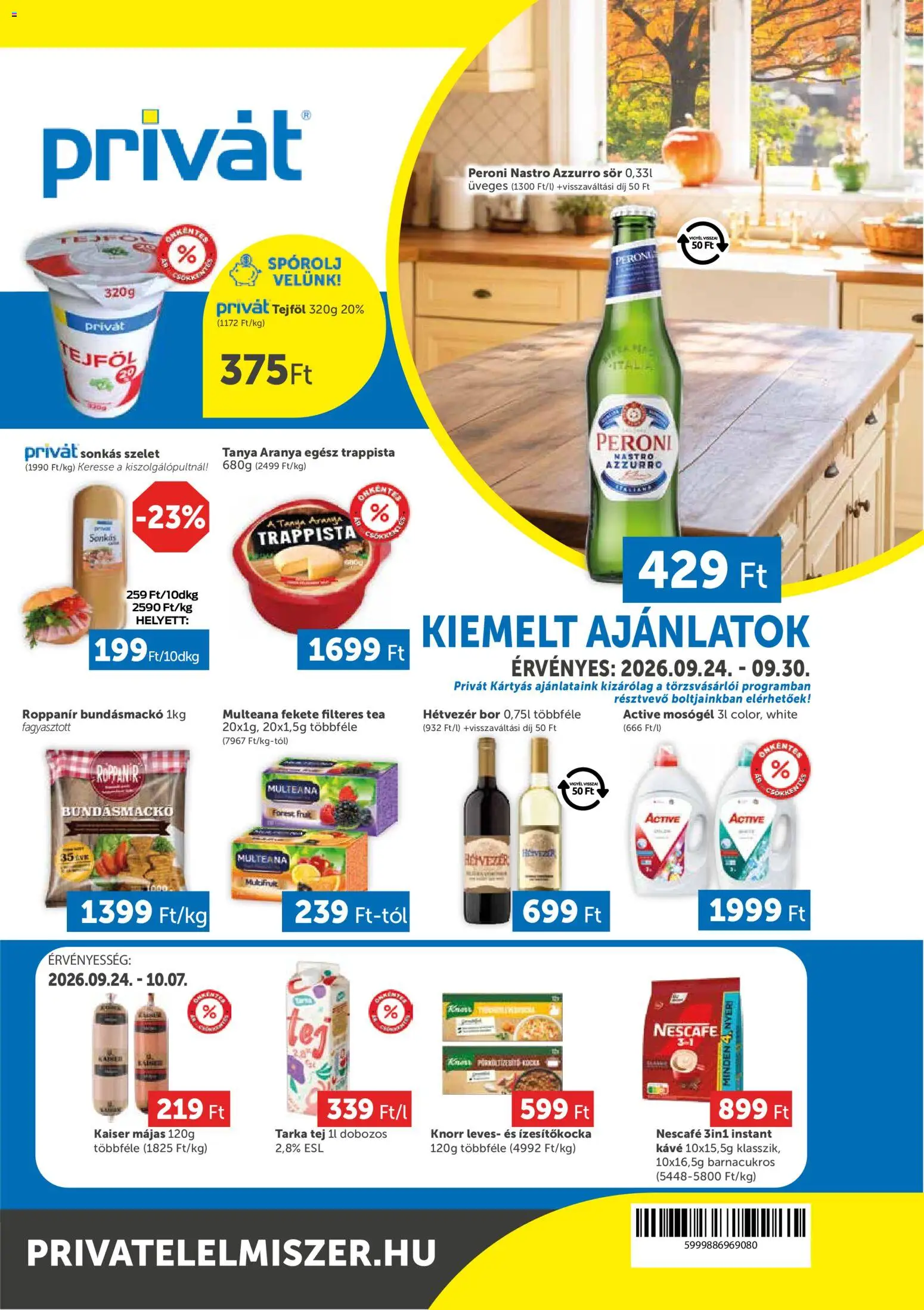 PRIVÁT akciós ujság - amely érvényes a következő dátumtól: 2026.09.24. | Oldal: 1 | Termékek: Peroni, Tej, Kávé, Sör
