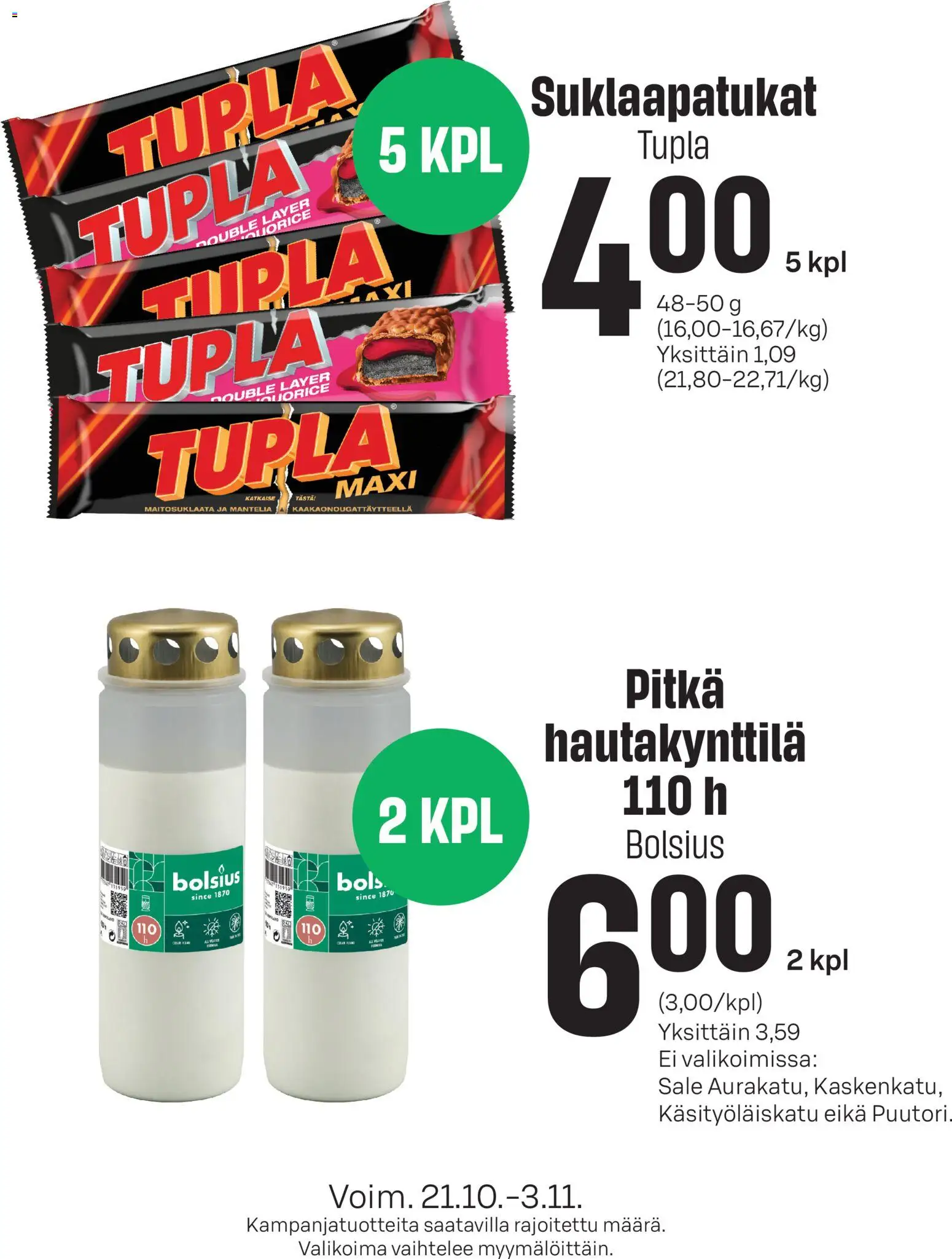 Sale Nykyiset tarjoukset – voimassa 21/10/2026 alkaen | Sivu: 1 | Tuotteet: Suklaapatukat
