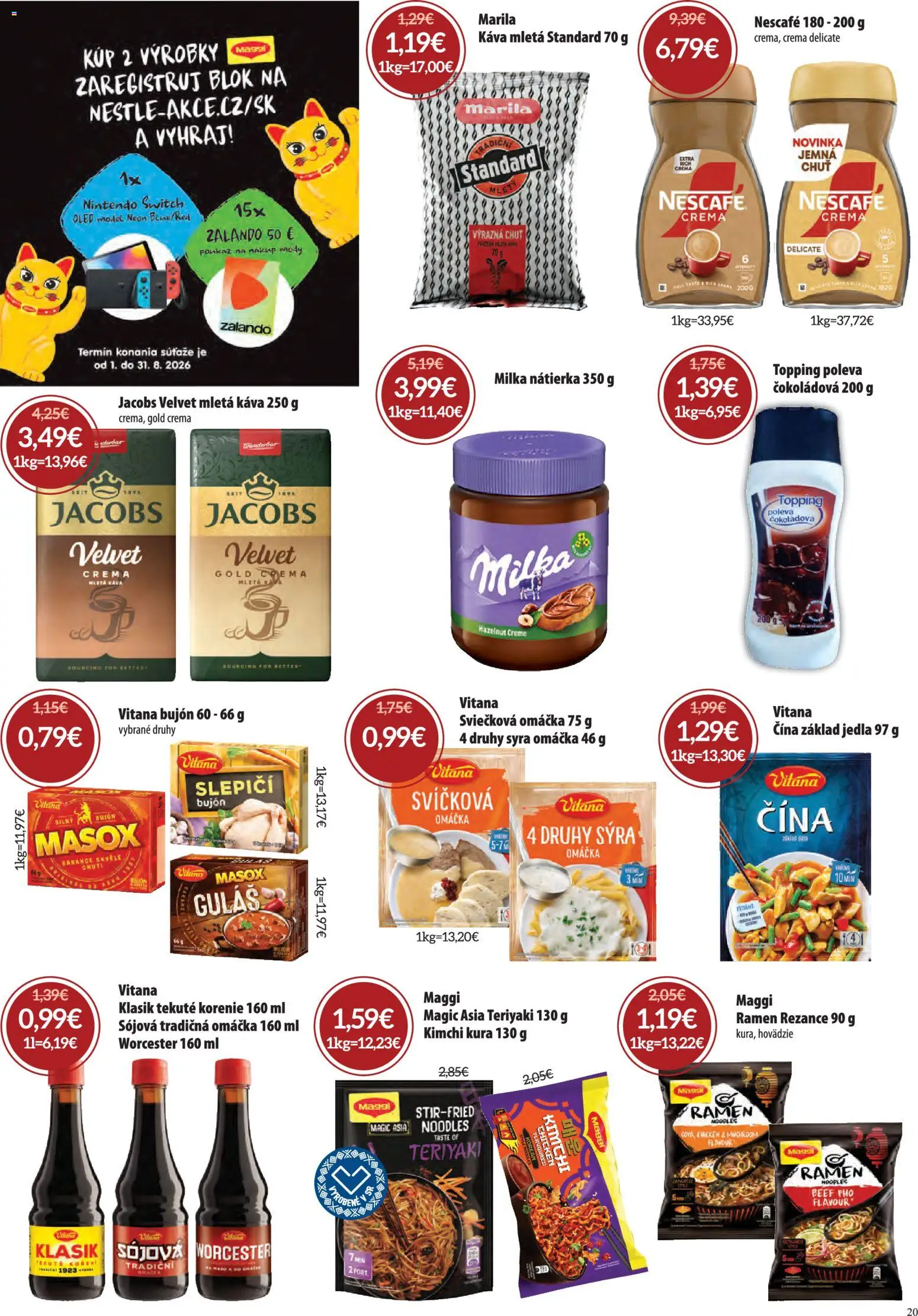 Nové Nitrazdroj akcie – leták je platný od 06.08.2026 | Strana: 20 | Produkty: Káva, Bujón, Rezance, Nescafé Crema