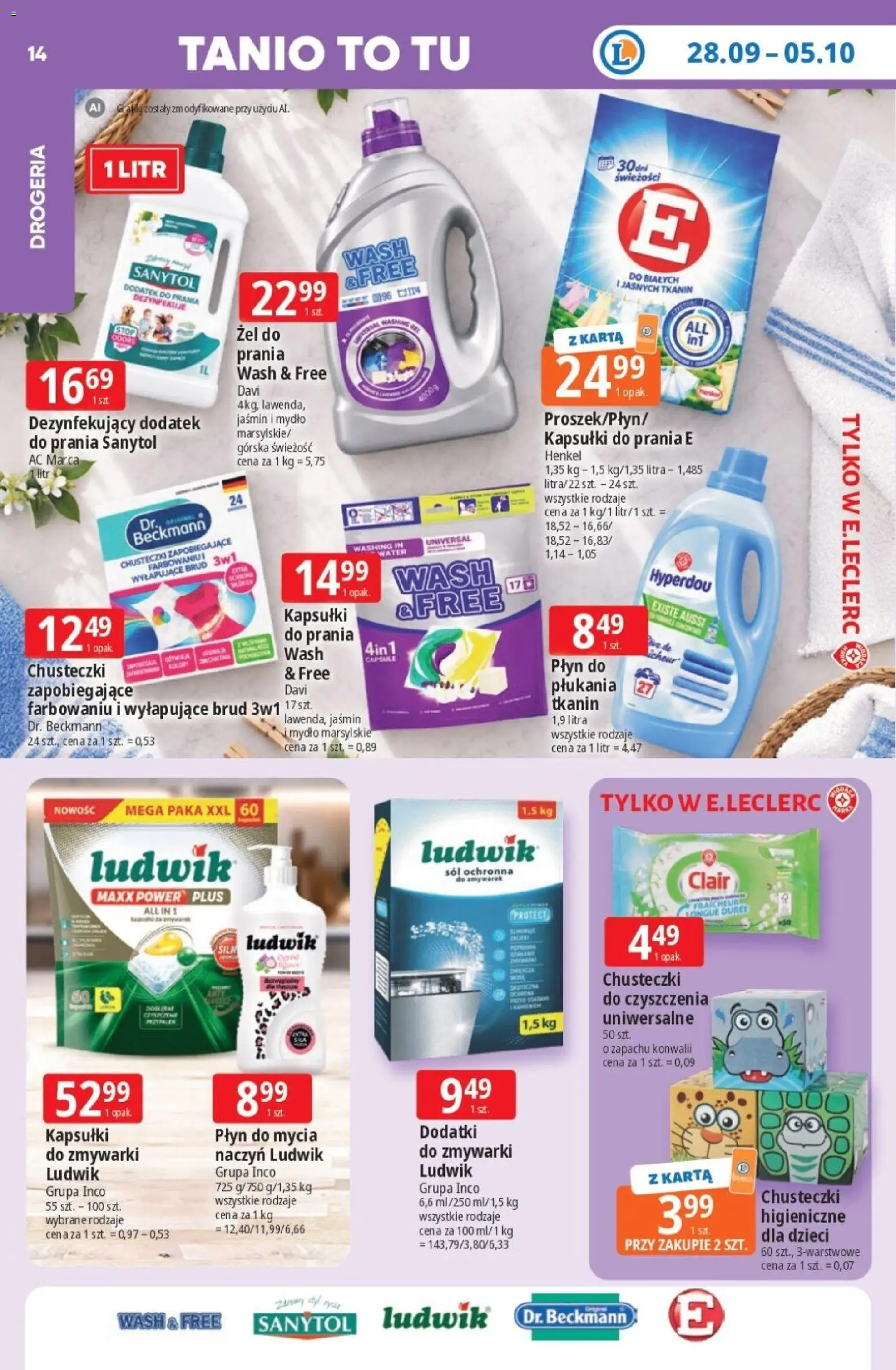 E.Leclerc gazetka - Tanio To Tu od 28.09.2026 | Strona: 14 | Produkty: Chusteczki, Chusteczki do czyszczenia, Dodatek do prania, Mydło