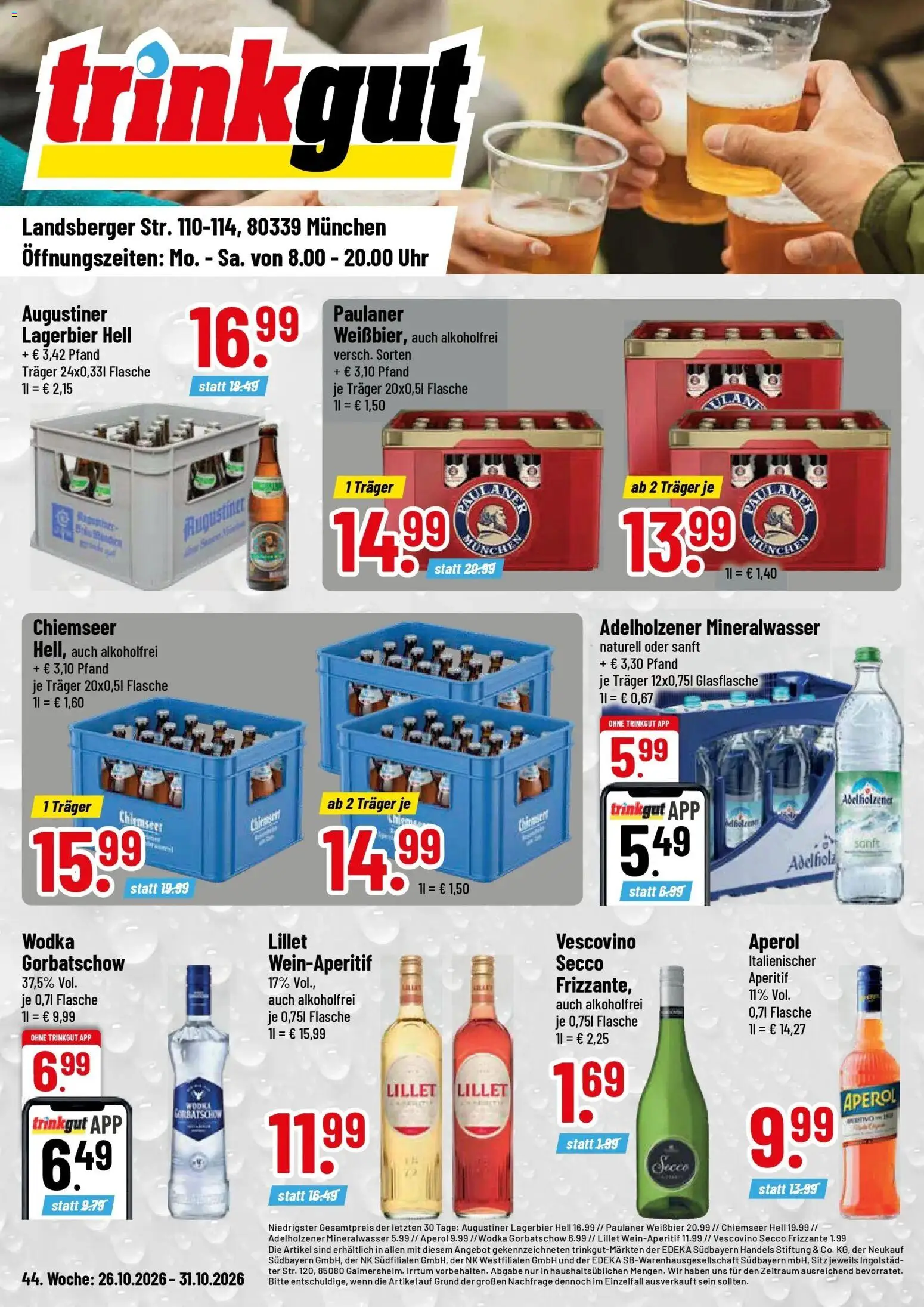 Trinkgut Prospekt München (ab 26.10.2026) » Angebote online | Seite: 1 | Produkte: Weißbier, Lillet, Aperol, Uhr