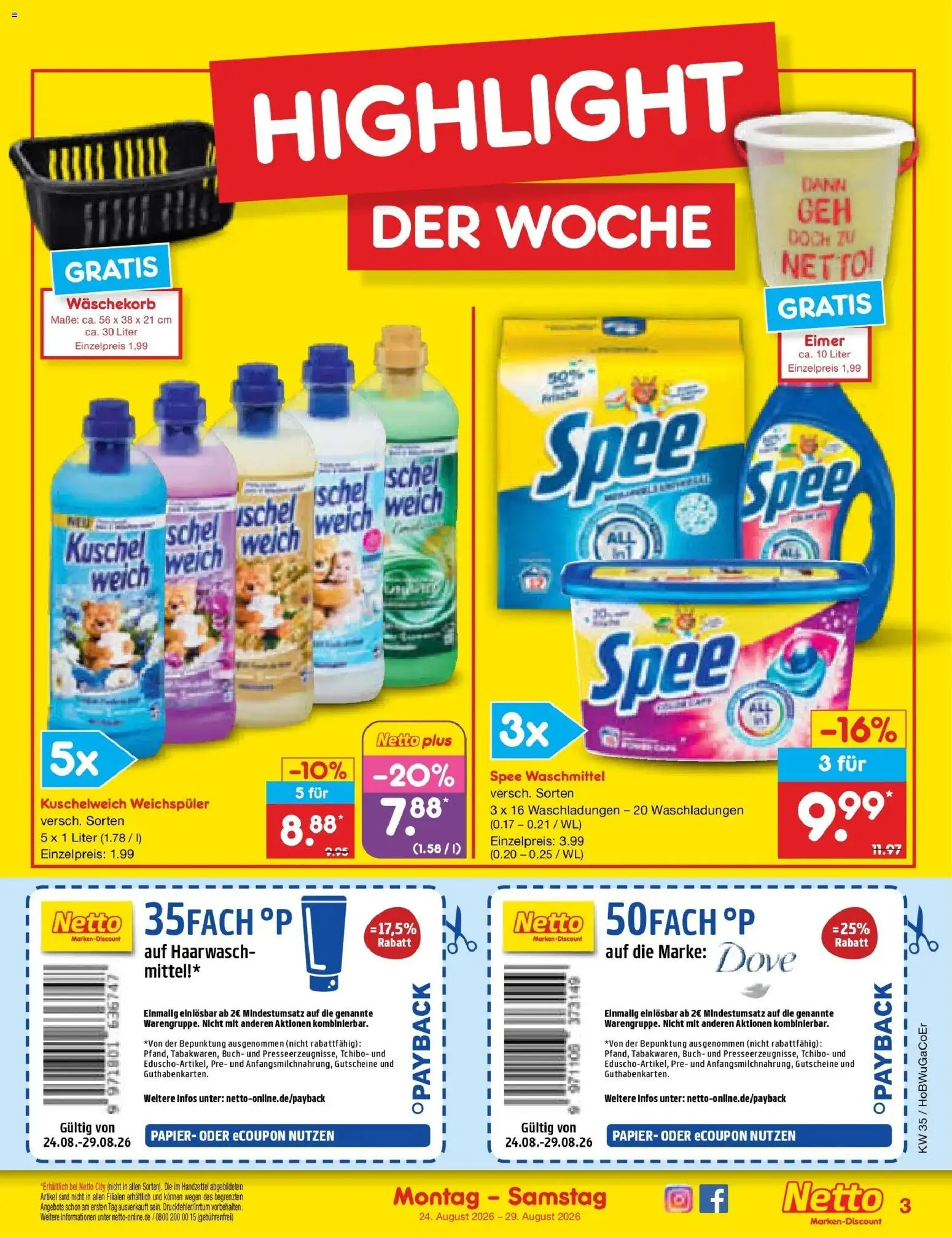 Netto Marken-Discount Prospekt Bielefeld (ab 24.08.2026) » Angebote | Seite: 3 | Produkte: Kuschelweich, Spee, Weichspüler, Waschmittel