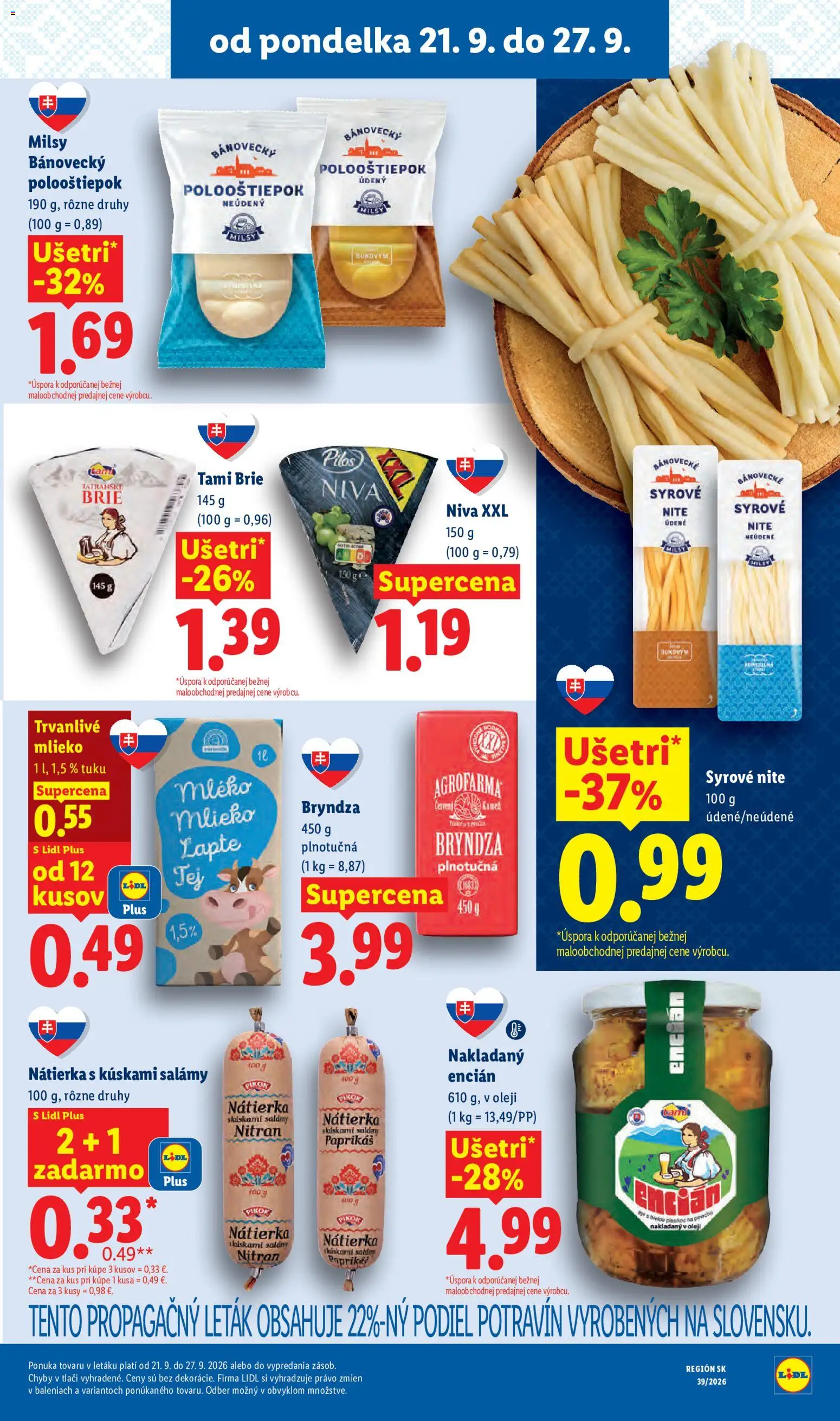 Nové Lidl akcie – leták je platný od 21.09.2026 | Strana: 29 | Produkty: Mlieko, Bryndza, Encián, Trvanlivé mlieko