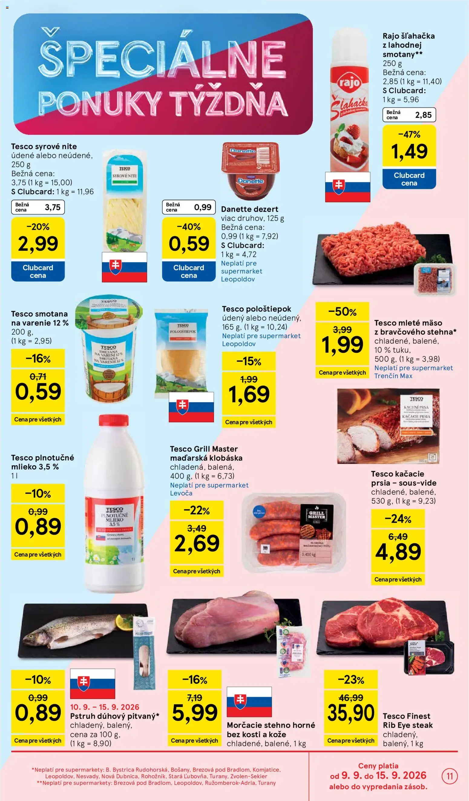 Nové Tesco akcie – leták je platný od 09.09.2026 | Strana: 11 | Produkty: Kačacie prsia, Mleté mäso, Steak, Dezert