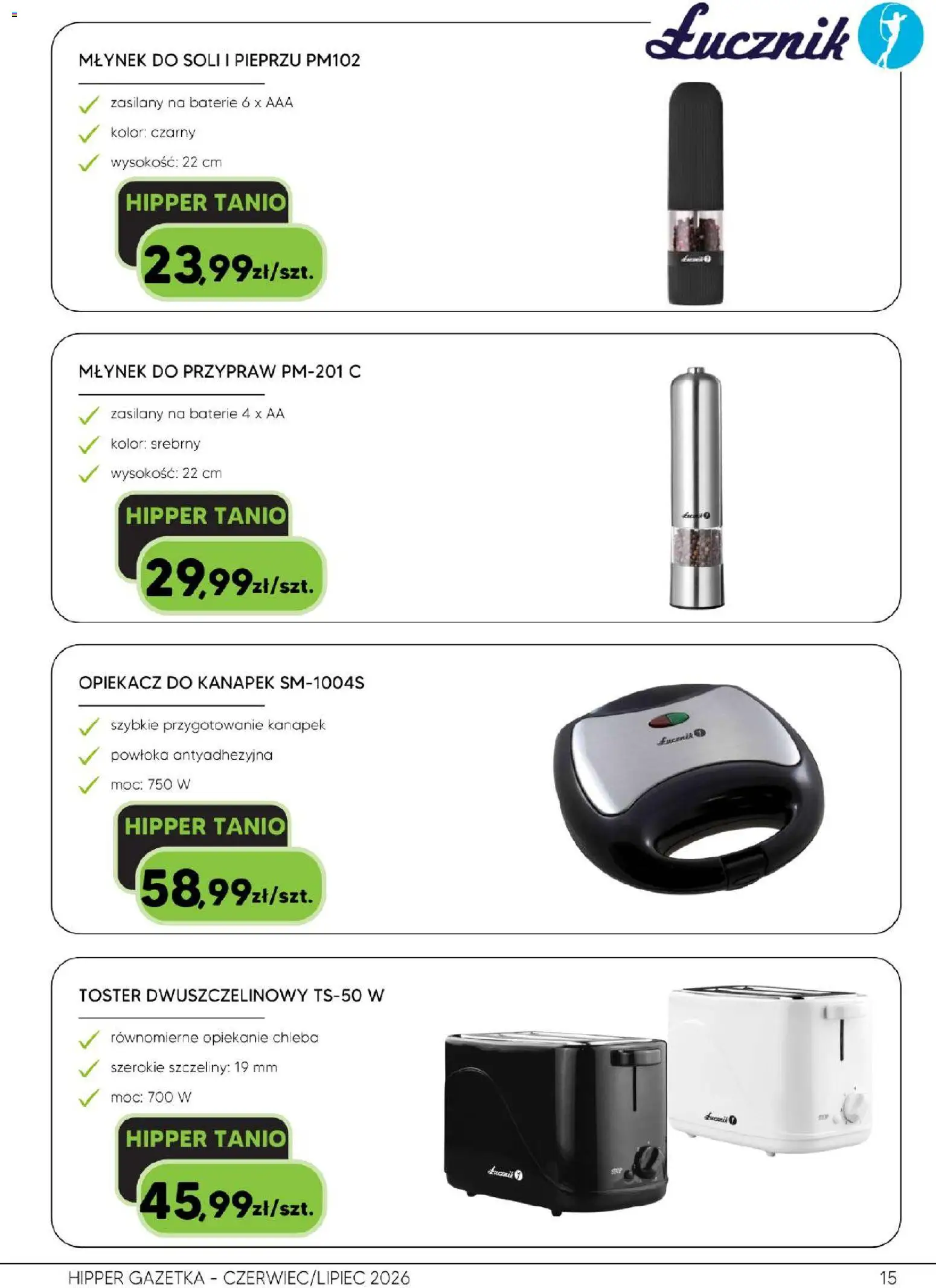 Hipper gazetka od 26.06.2026 | Strona: 15 | Produkty: Baterie, Toster, Opiekacz, Opiekacz do kanapek