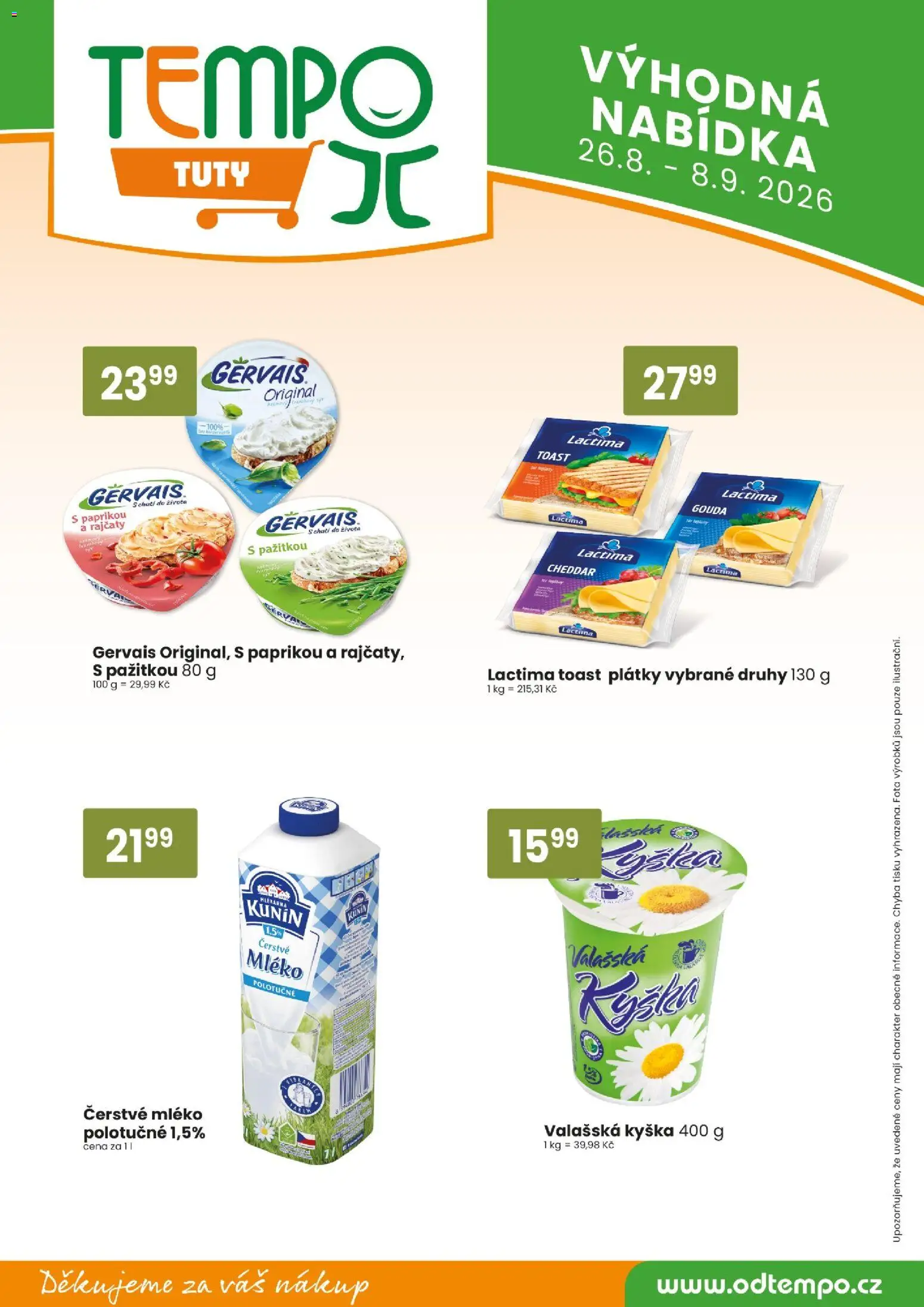 Tempo leták - Tuty od 26.08.2026 | Strana: 10 | Produkty: Mléko polotučné, Gouda, Mléko, Gervais