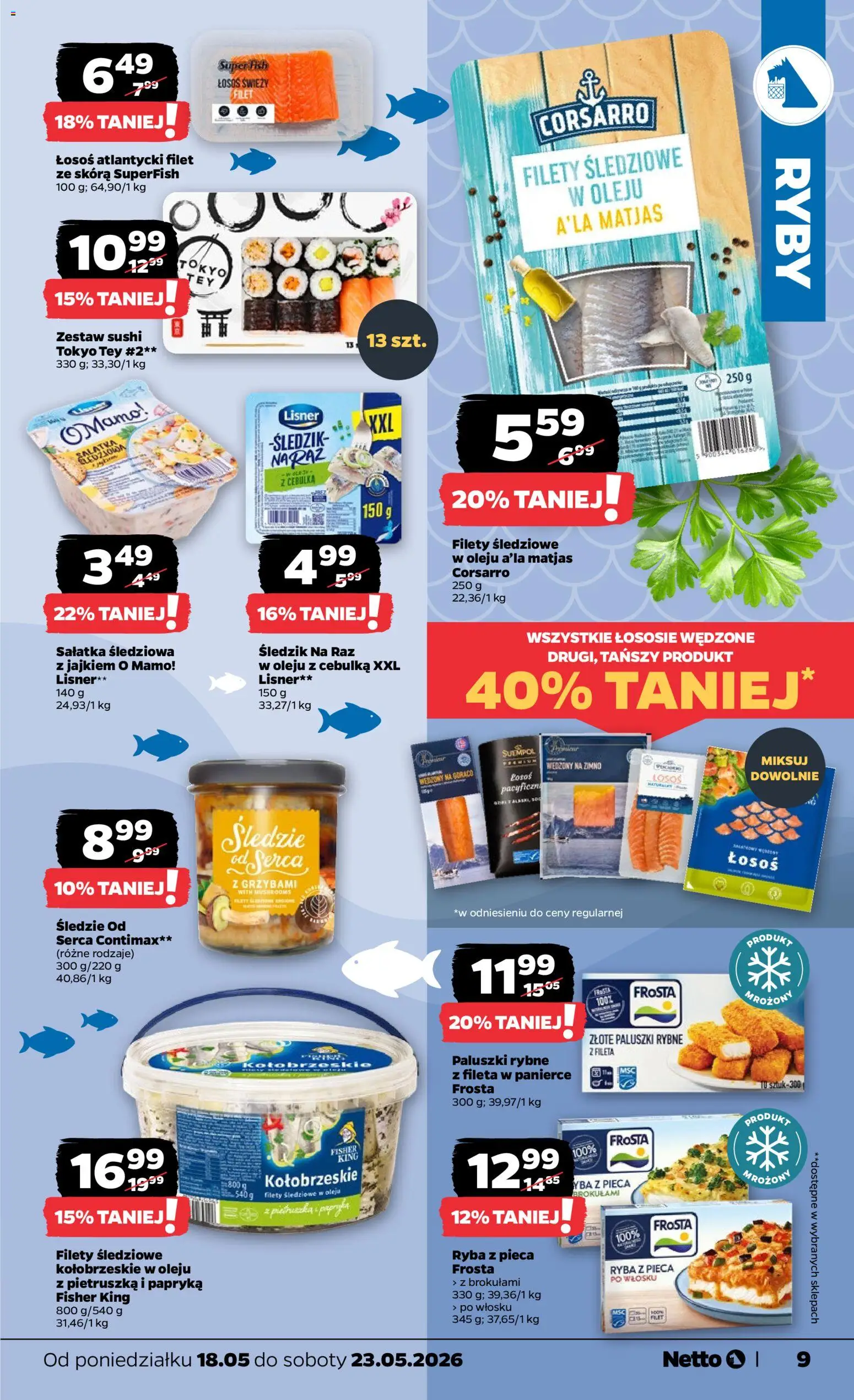 Netto gazetka od poniedziałku spożywcza od 18.05.2026 | Strona: 9 | Produkty: Łosoś atlantycki, Papryka, Paluszki, Zestaw sushi
