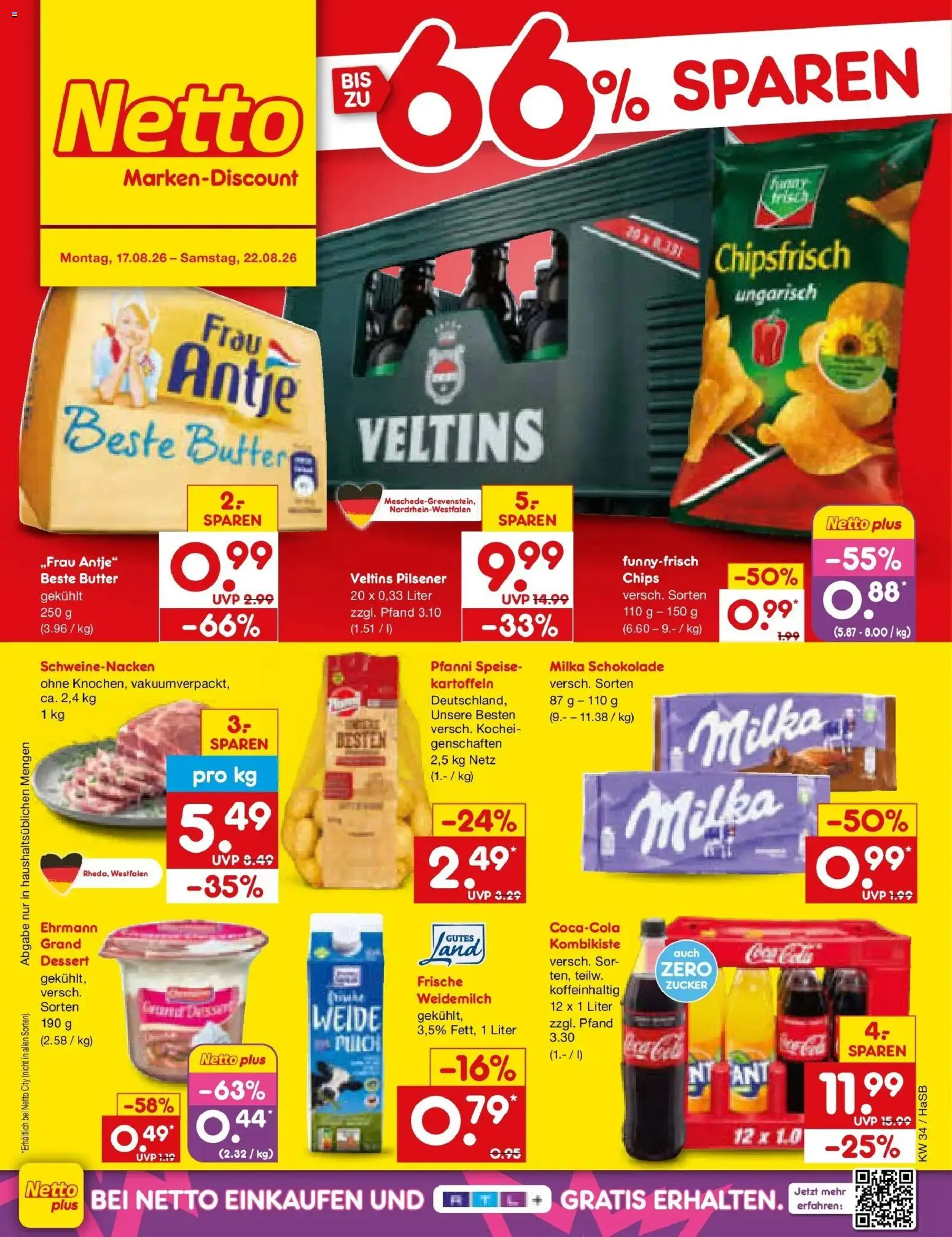 Netto Marken-Discount Prospekt Wuppertal – gültig ab 17.08.2026 | Seite: 1 | Produkte: Butter, Schokolade, Milka schokolade, Kartoffeln