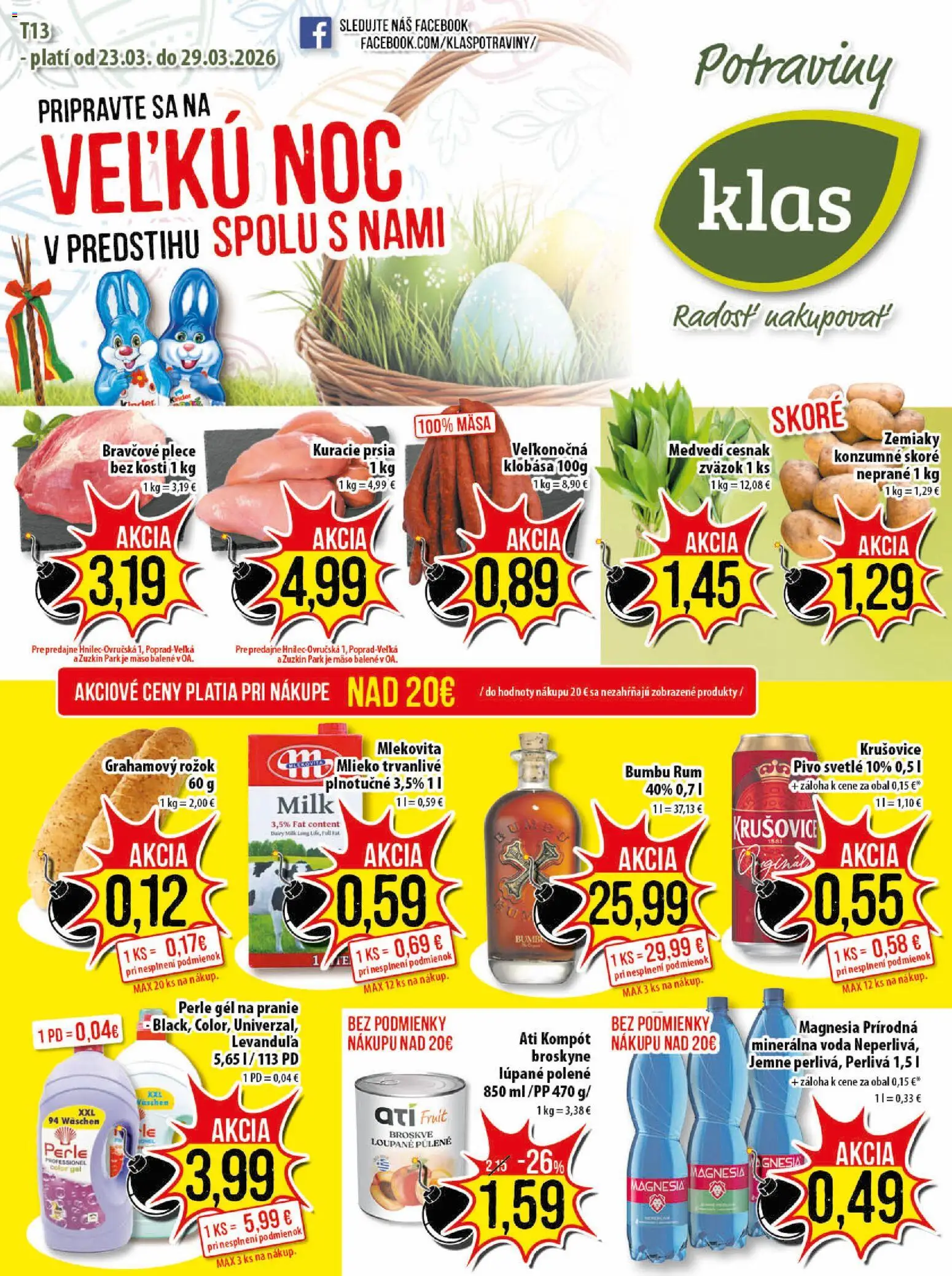 Nové Klas akcie – leták je platný od 23.03.2026 | Strana: 1 | Produkty: Rožok, Bravčové plece, Kuracie prsia, Zemiaky