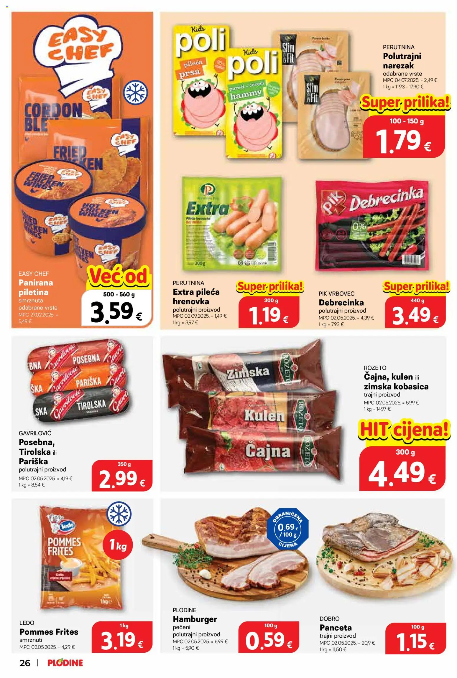 Plodine katalog | vrijedi od 19.08.2026 | Stranica: 26 | Proizvodi: Ledo, Hamburger, Zimska kobasica, Pileća prsa