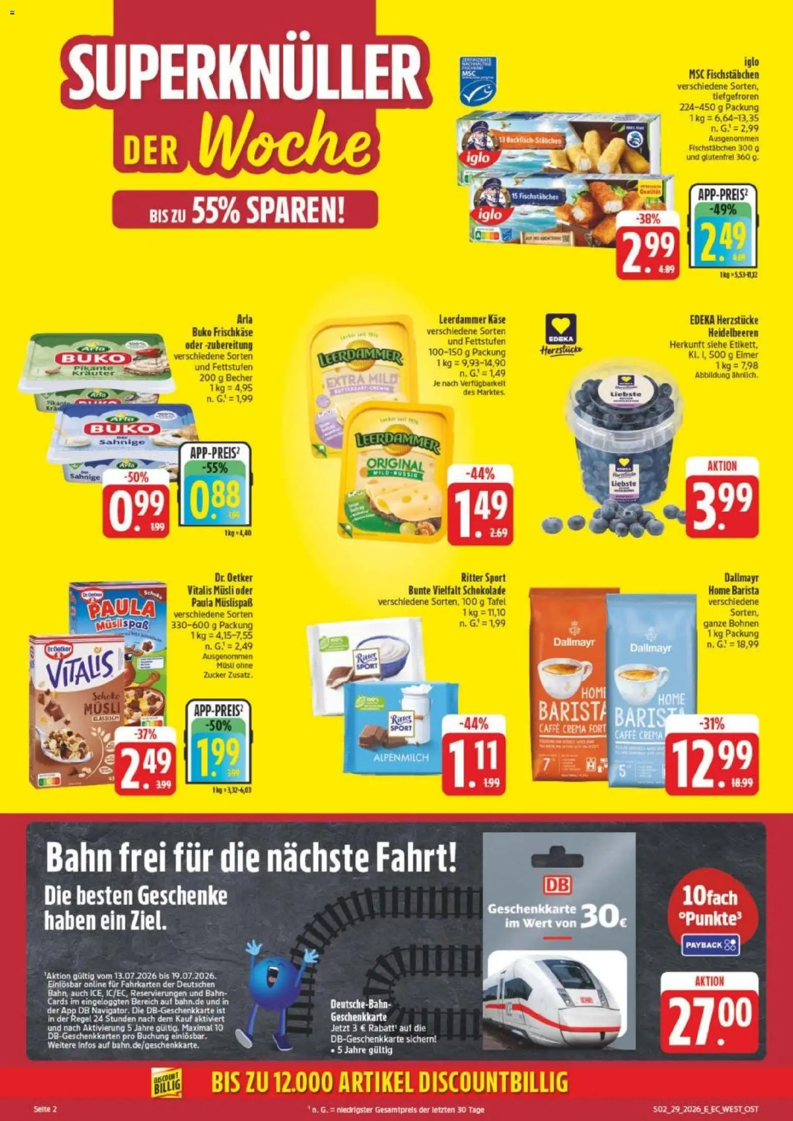 Edeka Prospekt Verrückter Preis – gültig ab 13.07.2026 | Seite: 2 | Produkte: Musli, Heidelbeeren, Dallmayr, Fischstabchen