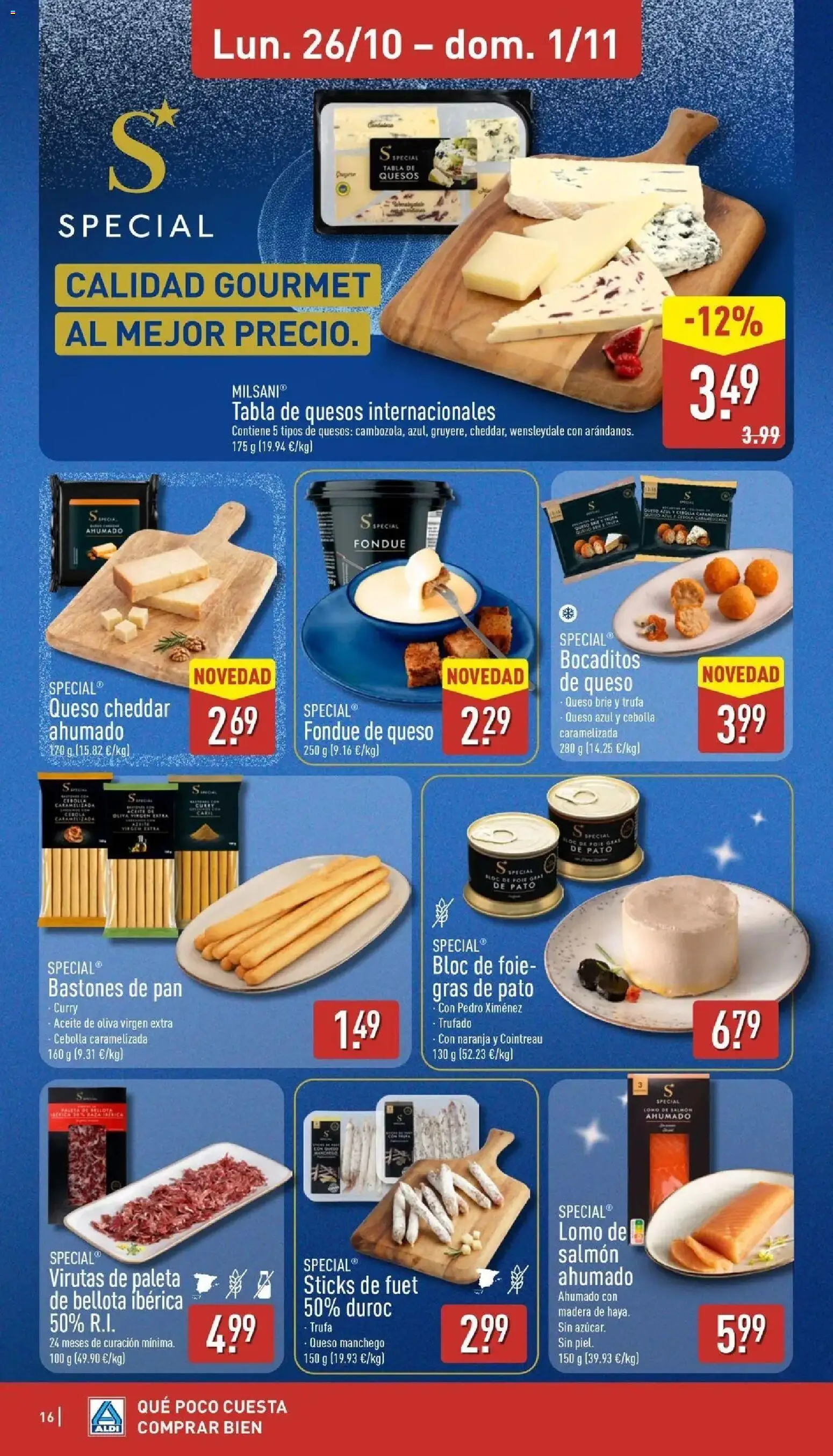 Aldi - Qué poco cuesta comprar bien │ válido desde el 26/10/2026 | Página: 16 | Productos: Queso Cheddar, Aceite de oliva, Salmón ahumado, Queso azul