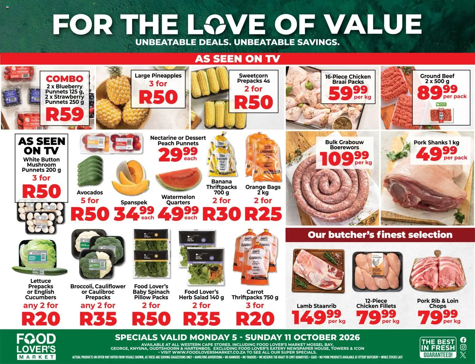 New Food Lover's Market catalogue – valid from 05/10/2026 | Page: 1 | Products: TV, Boerewors, Dessert, Bananas