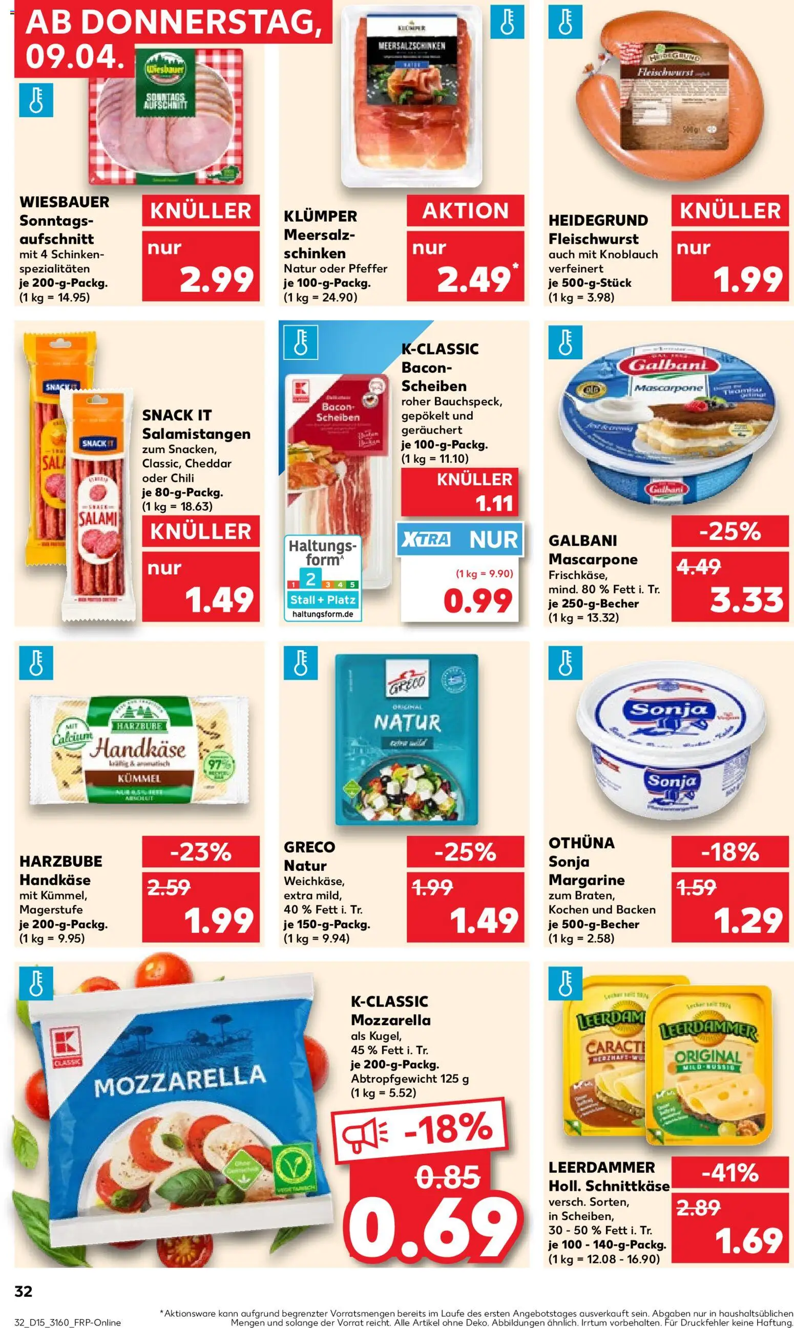 Kaufland Prospekt – gültig ab 09.04.2026 | Seite: 32 | Produkte: Margarine, Mozzarella, Pfeffer, Salami