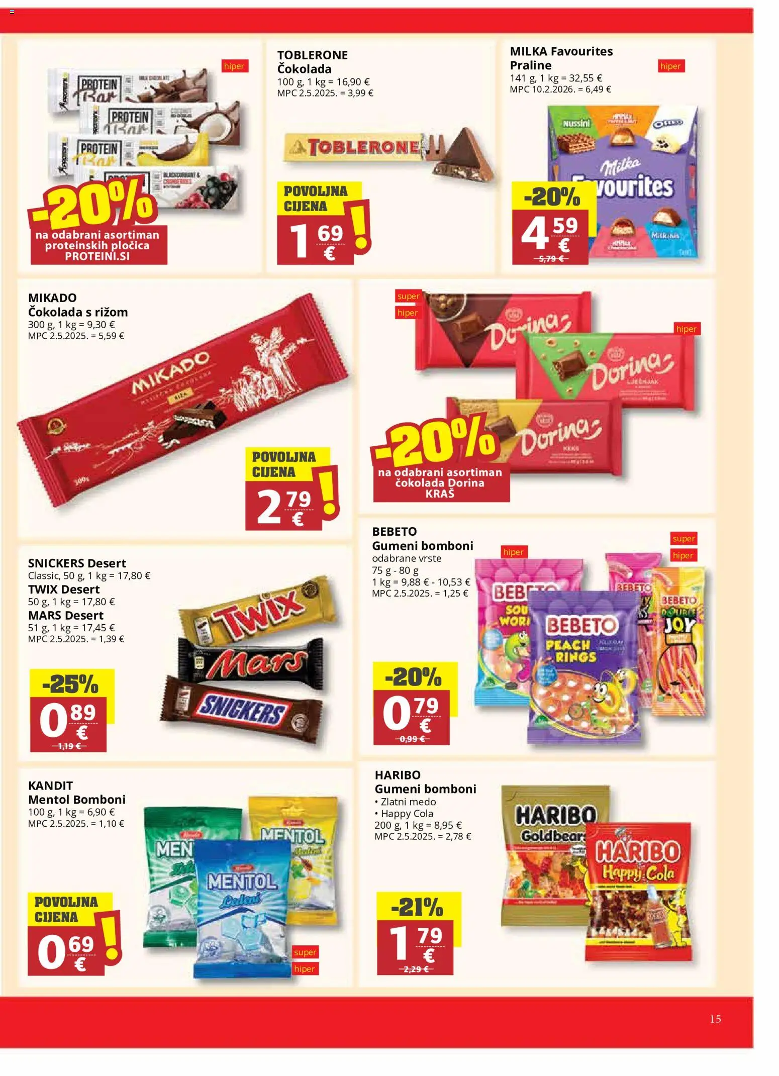 Ribola katalog | vrijedi od 19.08.2026 | Stranica: 15 | Proizvodi: Protein, Praline, Dorina, Snickers