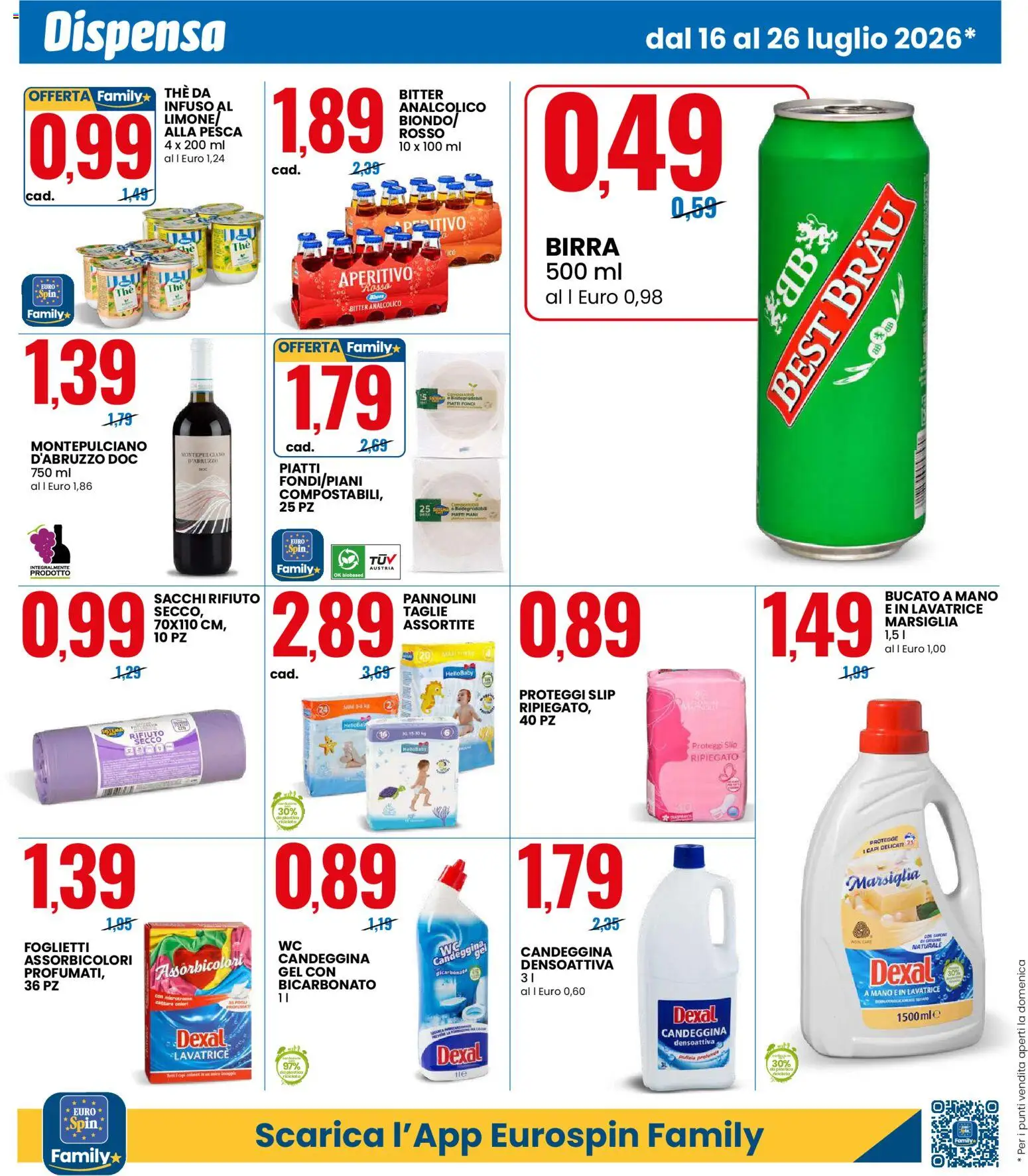 Volantino Eurospin del 16/07/2026 | Pagina: 6 | Prodotti: Pannolini, Candeggina, Limone, Aperitivo