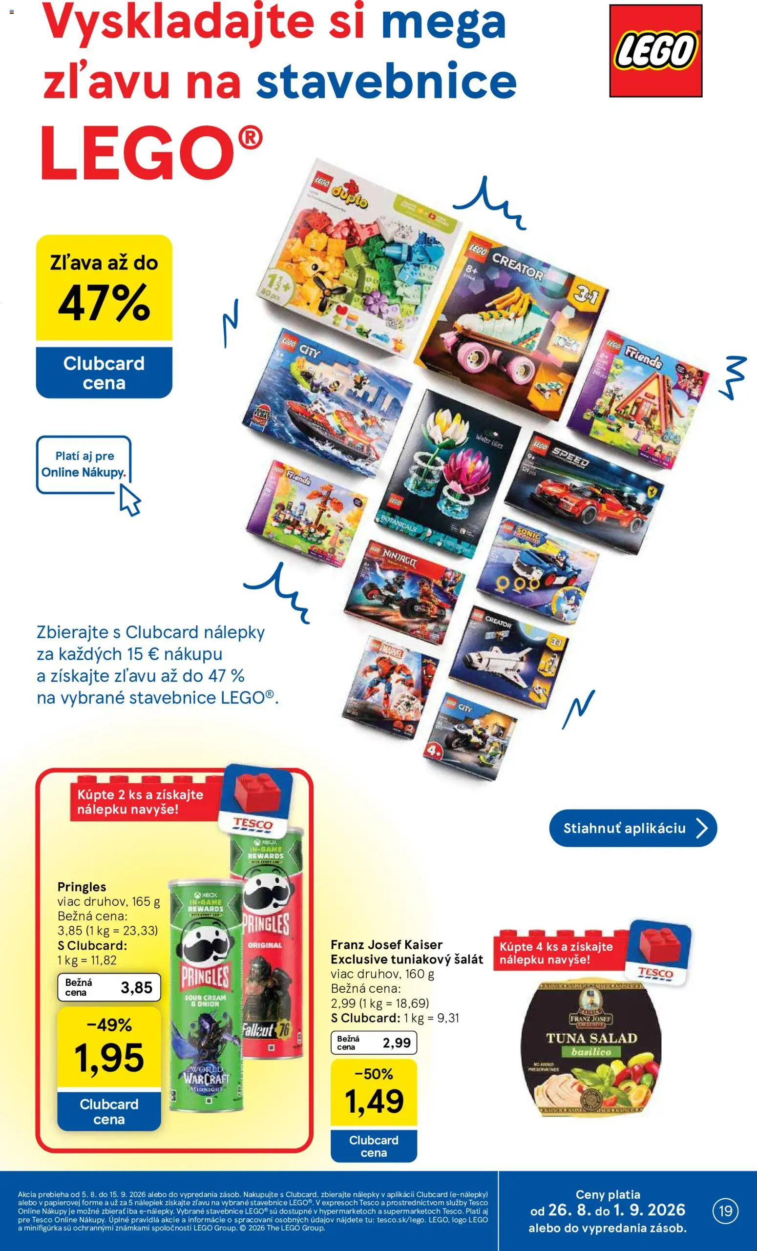 Nové Tesco akcie – leták je platný od 26.08.2026 | Strana: 19 | Produkty: LEGO, Šalát, Tuniakový šalát, LEGO Friends