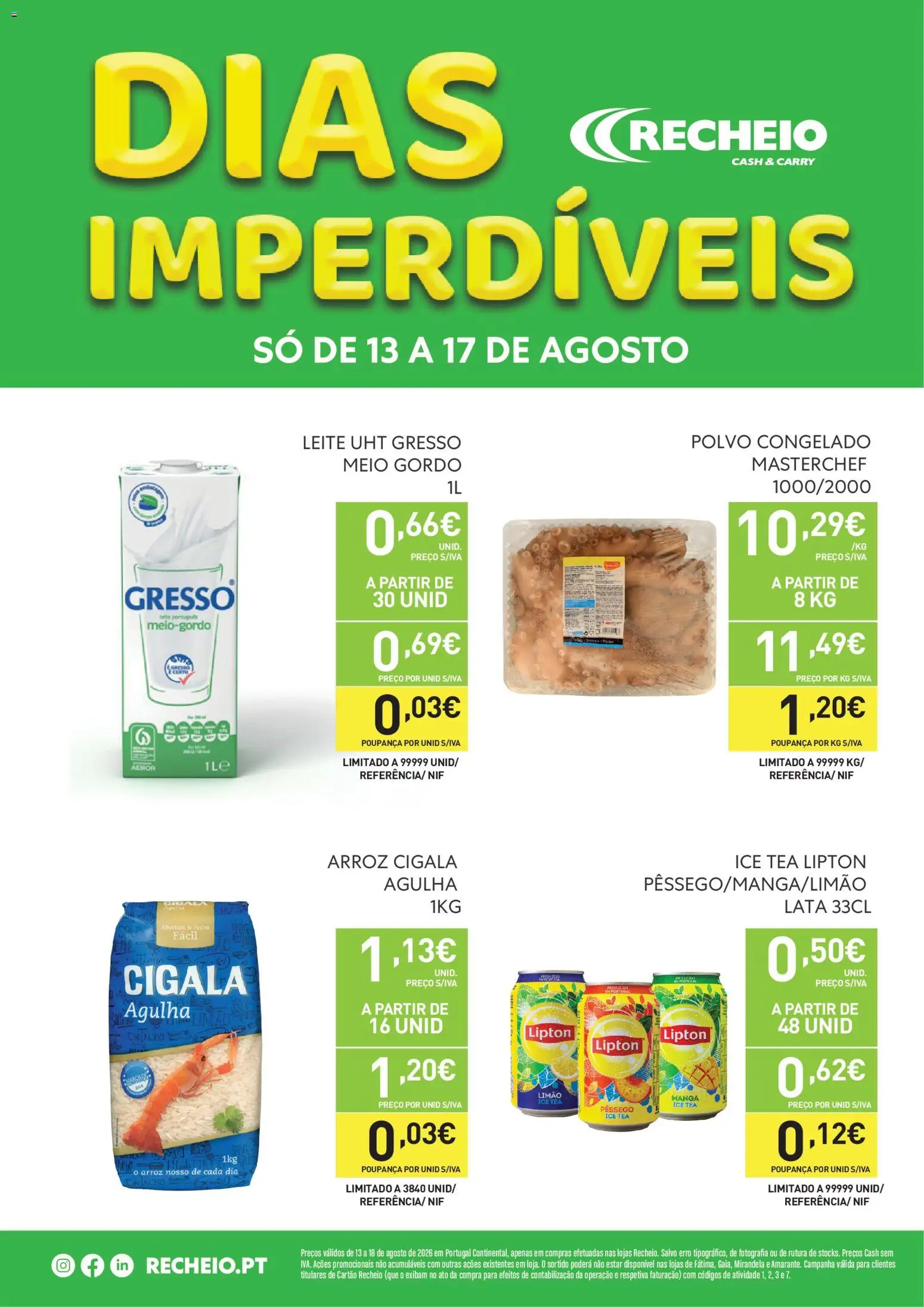 Recheio Dias Imperdíveis │ válido de 13/08/2026 | Página: 1 | Produtos: Manga, Polvo, Leite UHT, Arroz