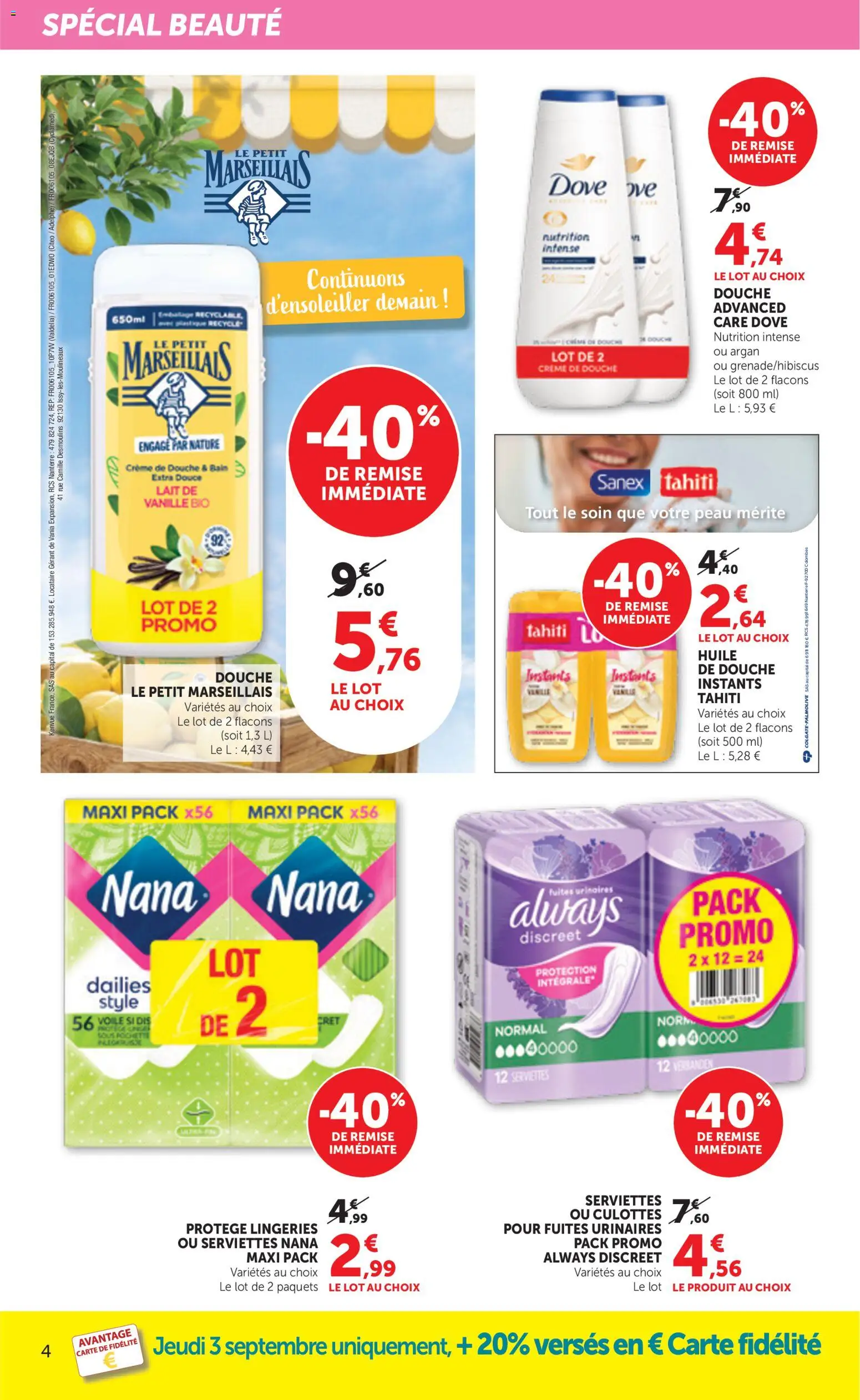 {H1} | Page: 4 | Produits: Always, Huile, Serviettes, Crème