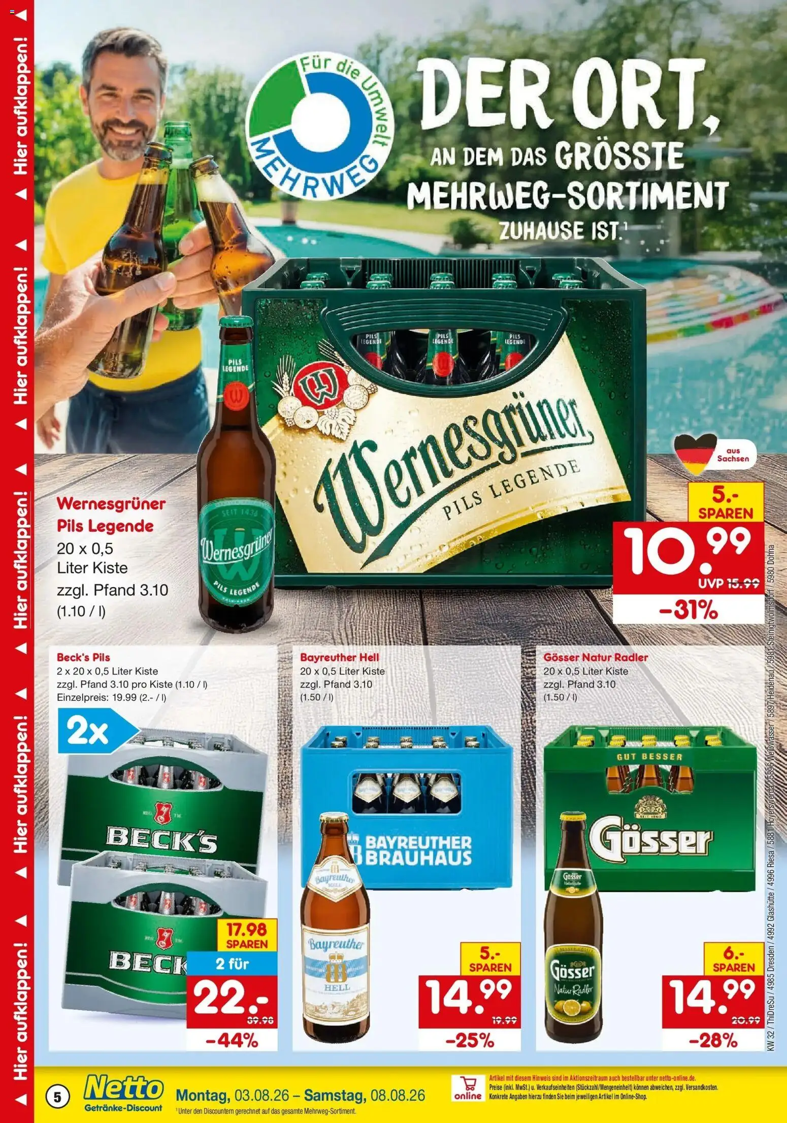 Netto Marken-Discount Prospekt Riesa – gültig ab 03.08.2026 | Seite: 5 | Produkte: Bayreuther hell, Pils, Wernesgruner, Radler